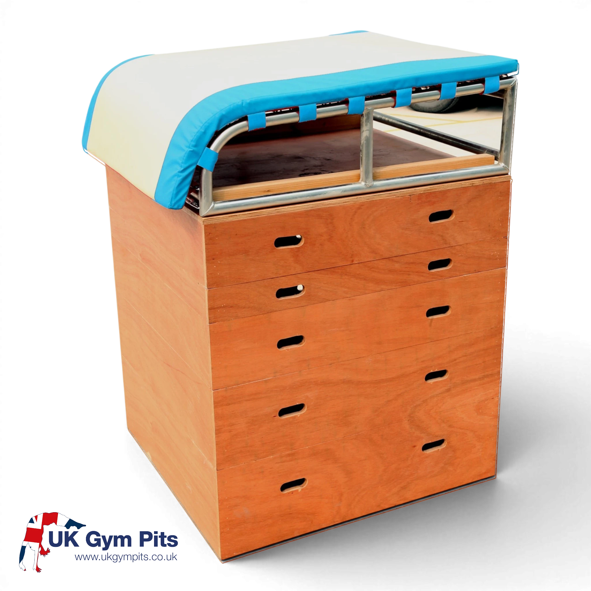 UK Gym Pits height-adjustable vaulting training table with five wooden sections and a sprung foam-padded top.