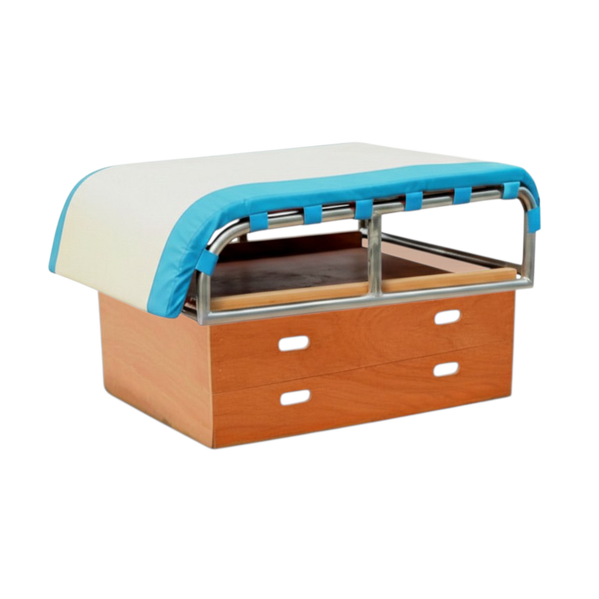 UK Gym Pits height adjustable vaulting training table with wooden base and blue padded top for gymnastics practice
