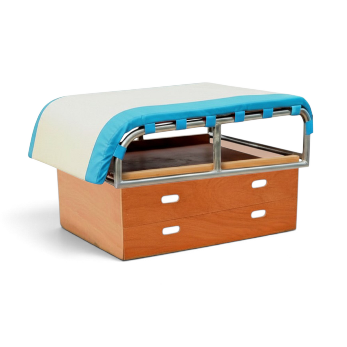 UK Gym Pits height adjustable vaulting training table with wooden base sections and a white and blue padded top.