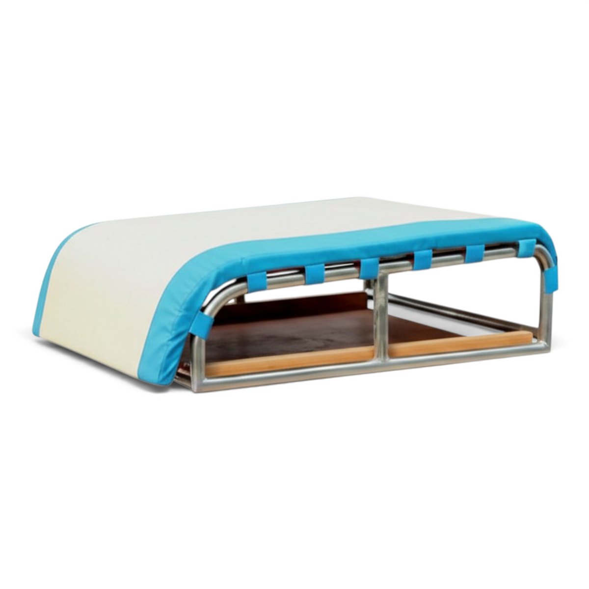 UK Gym Pits vaulting training table with white and blue PVC vinyl padding and a sturdy metal frame base