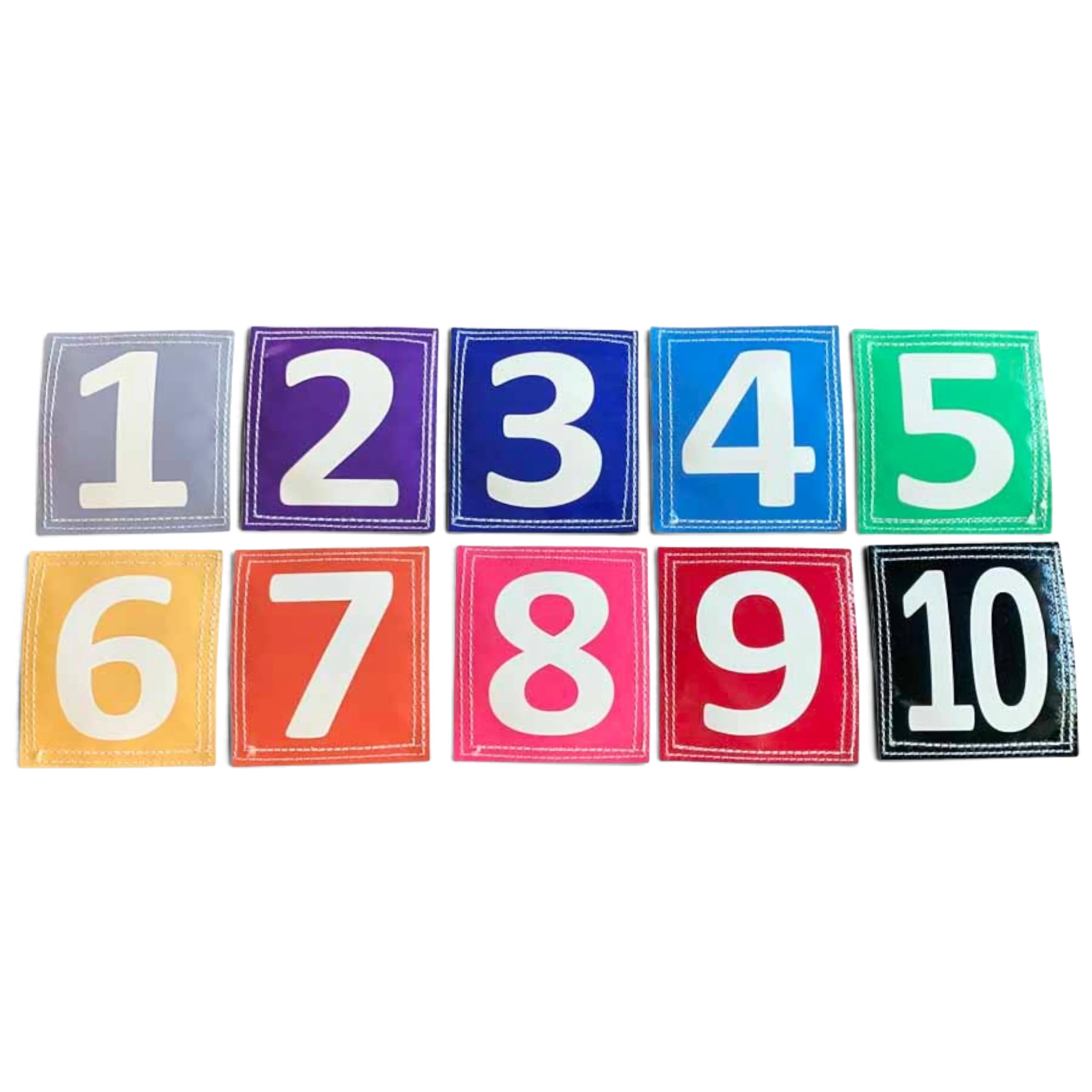 UK Gym Pits set of ten colourful Velcro numbered patches for gymnastics training and tumbling positioning.
