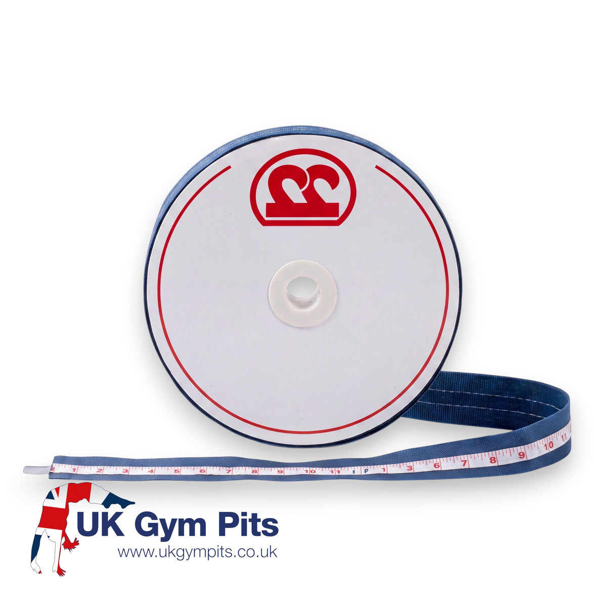 UK Gym Pits Velcro runway tape measure roll with blue fabric, white markings, and cm and meter graduations.