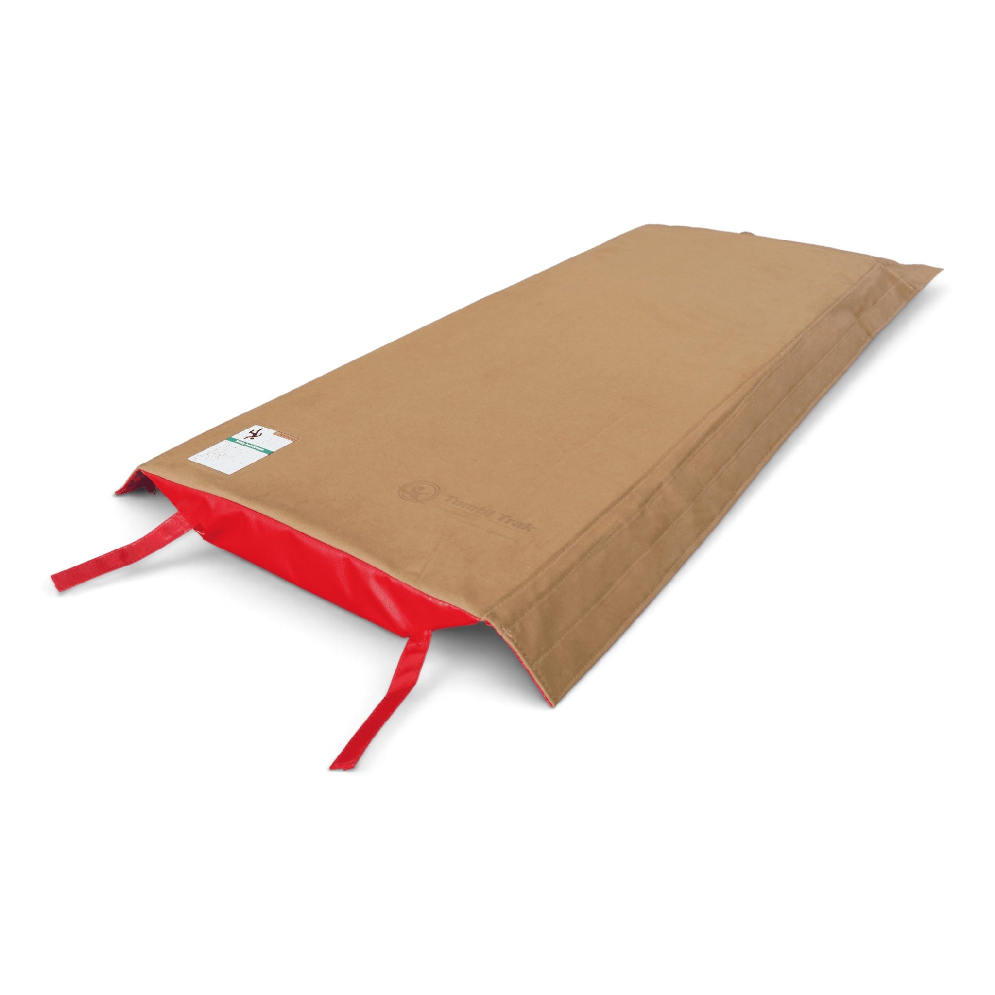 UK Gym Pits Velcro T-Trainer Cover Pro featuring a tan suede top and red sides for gymnastics vault training