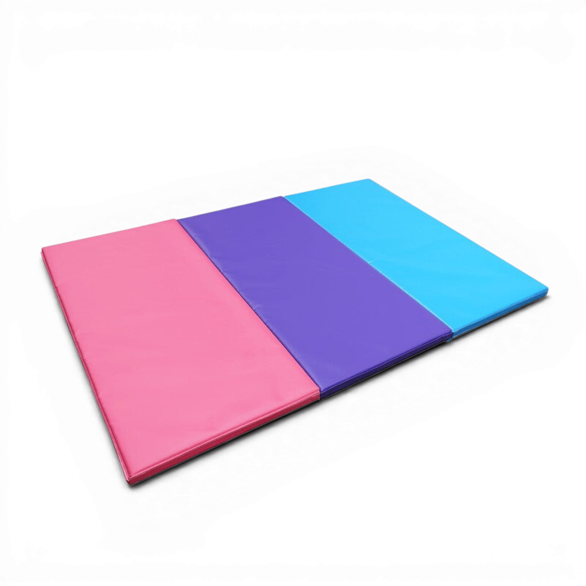 UK Gym Pits Build A Mat system featuring three connected vinyl tumbling panels in pink, purple, and bright blue.
