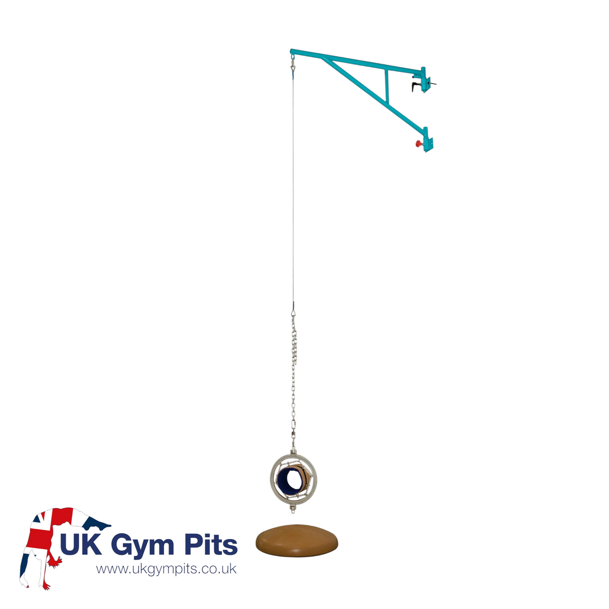 UK Gym Pits wall mountable gymnastics training mushroom with adjustable spotting belt and blue steel frame.