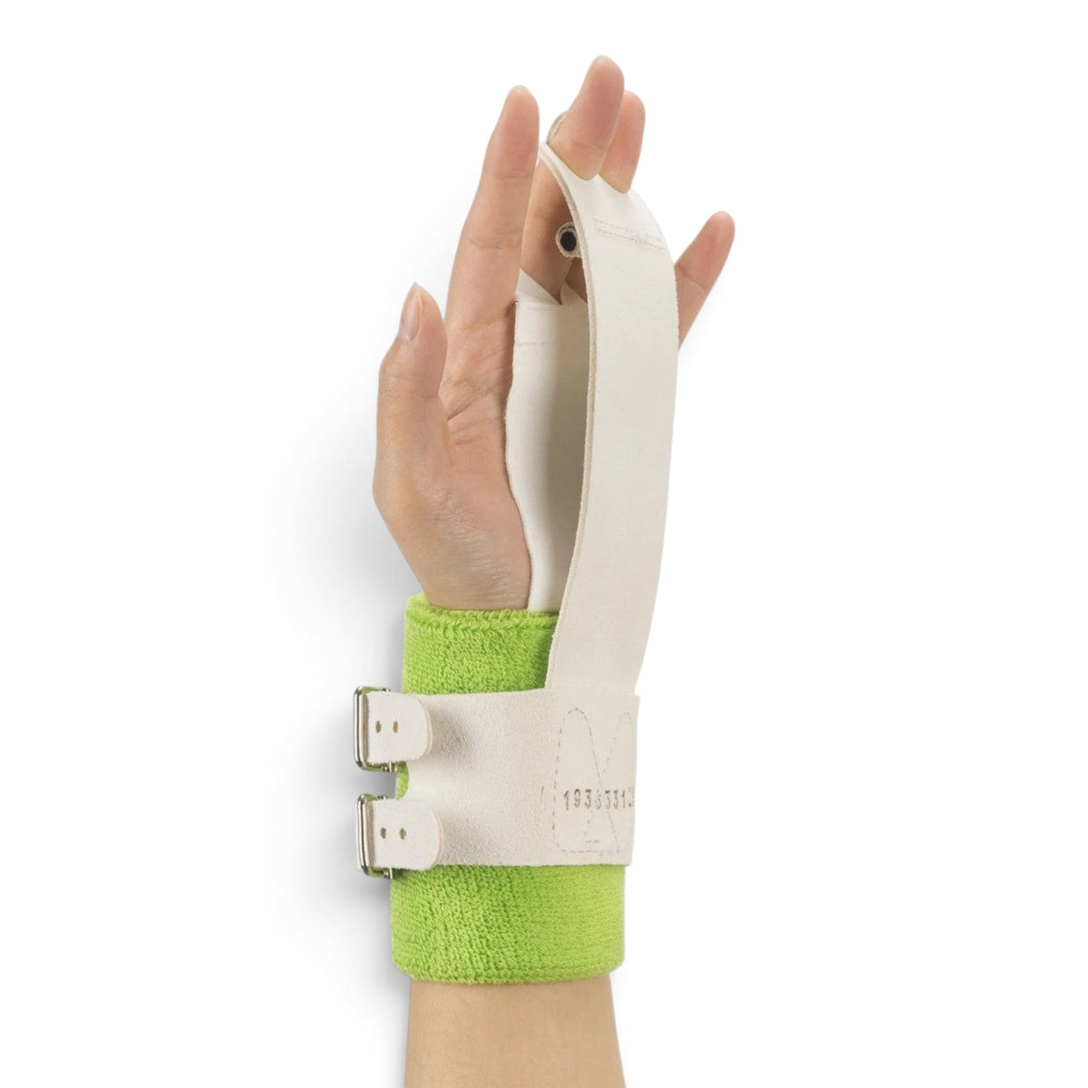 UK Gym Pits white cotton tape grip worn on a hand with a lime green wristband for gymnastics protection