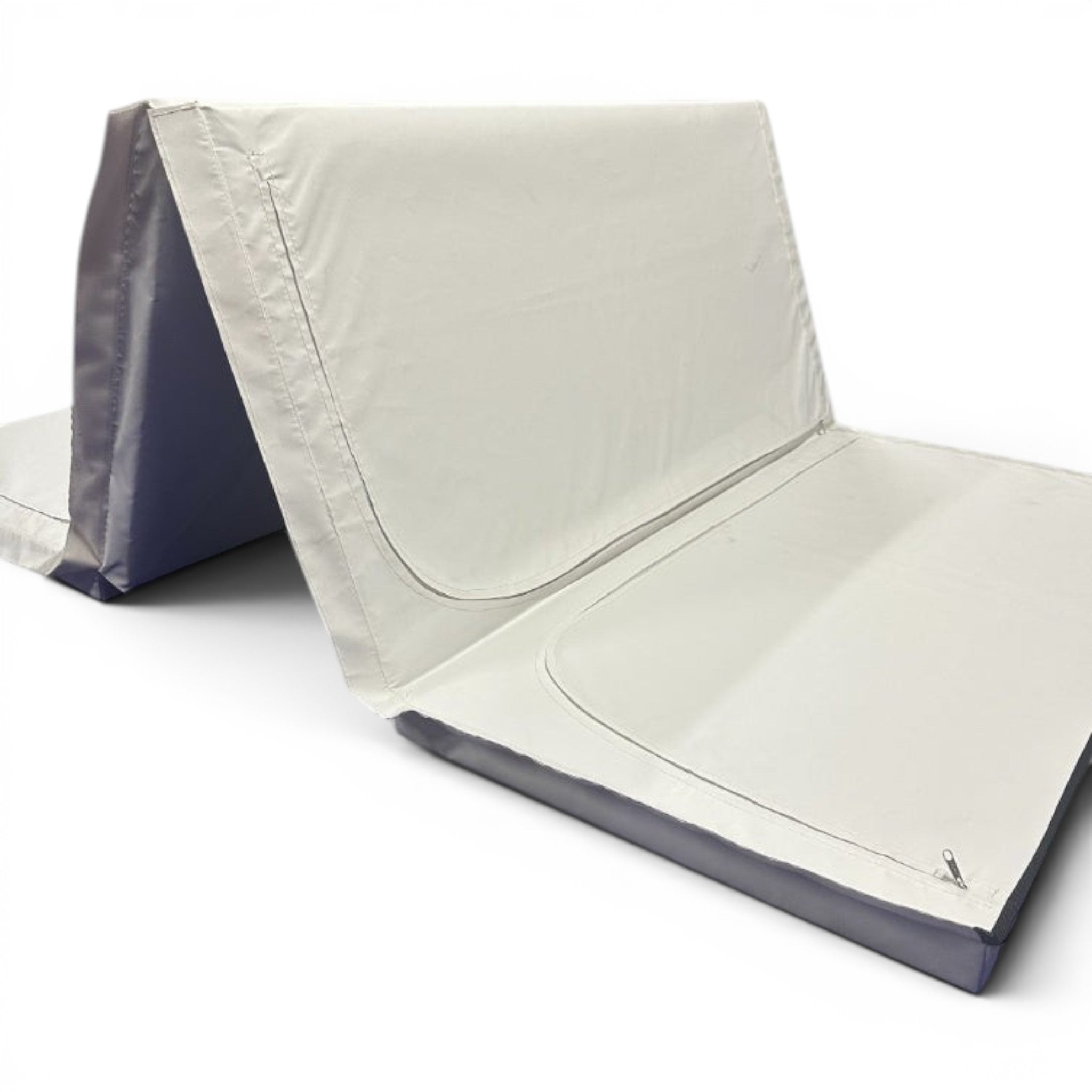 UK Gym Pits white foldable gymnastics mat made of durable PVC fabric, shown partially folded for easy storage.