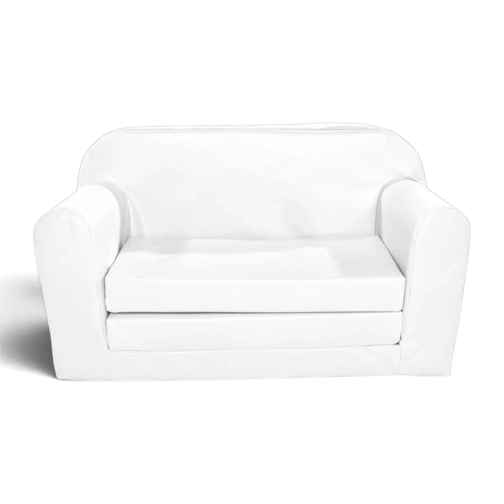 UK Gym Pits white soft play sofa bed made from durable, easy-to-clean PVC fabric for children's play areas.
