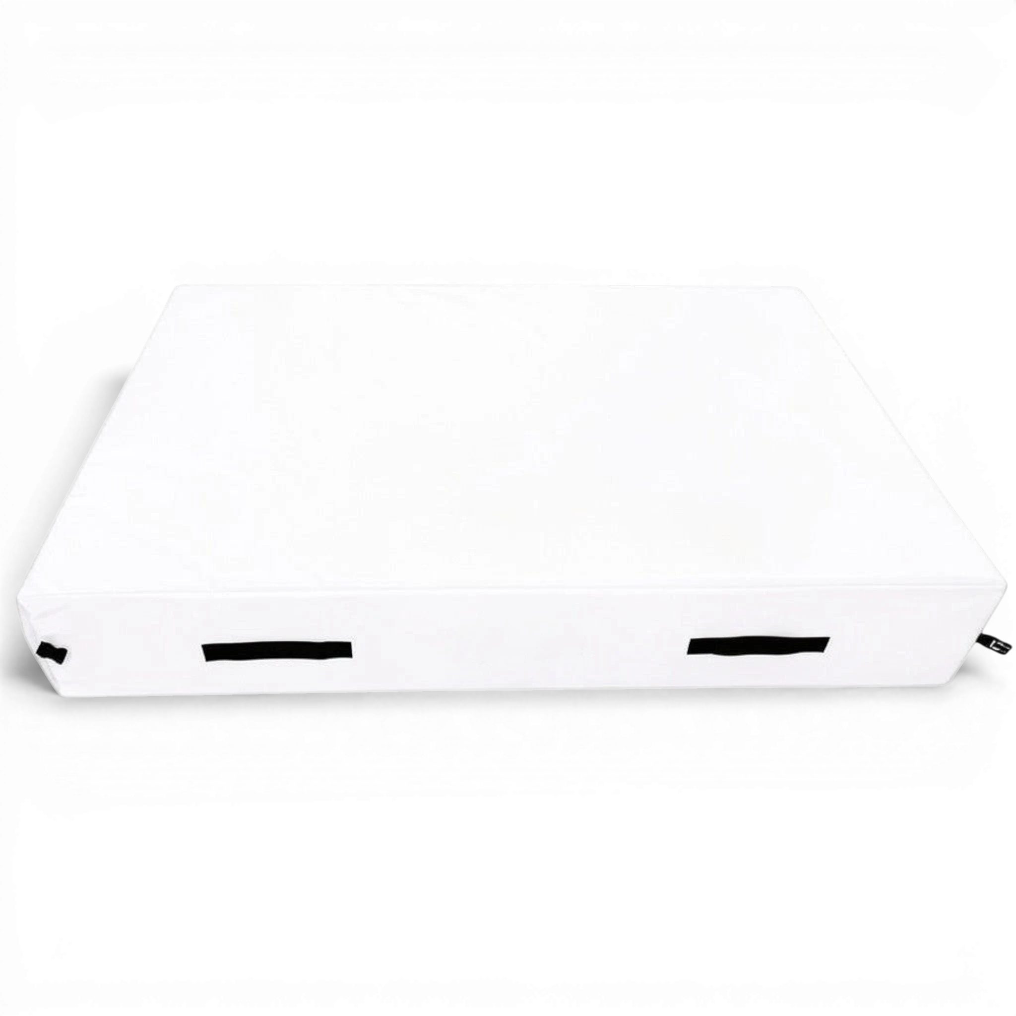 UK Gym Pits white trampoline end safety crash mat with reinforced handles and anti-slip base for gymnastics training.
