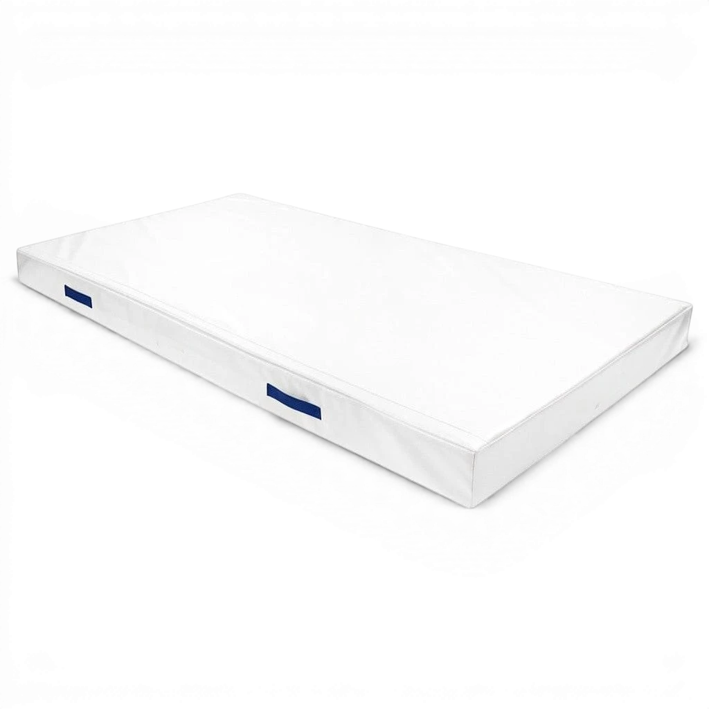 UK Gym Pits white FIG specification trampoline push-on safety mat with blue side handles and durable PVC cover.
