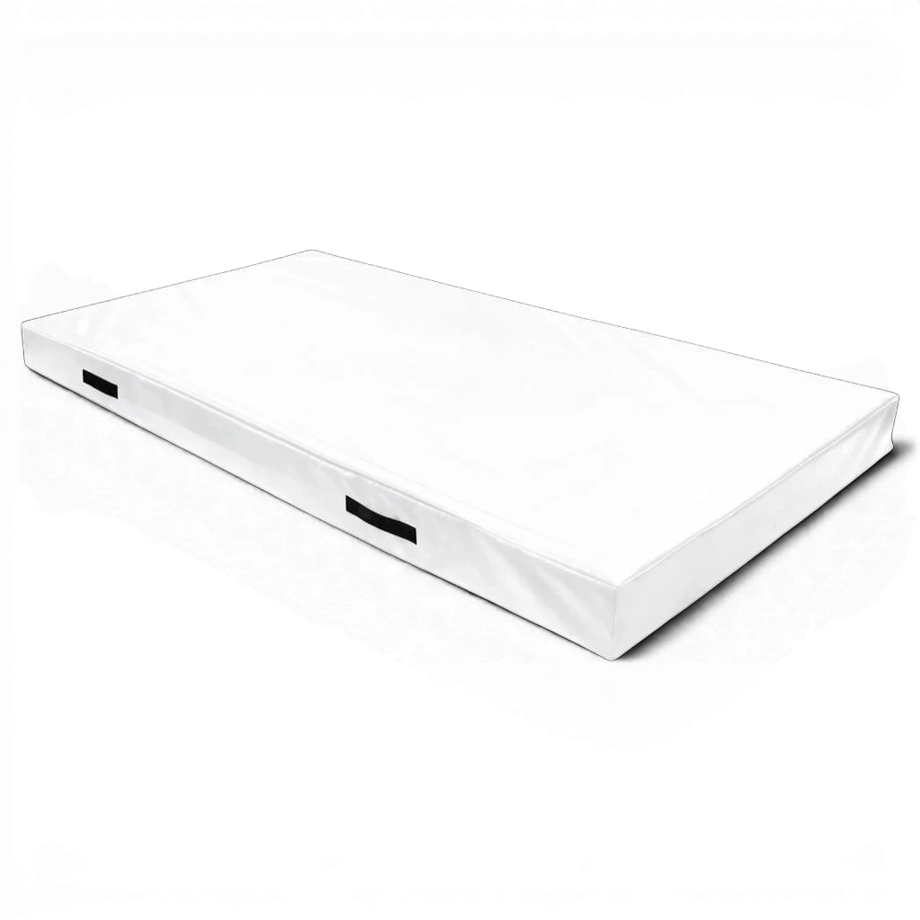 UK Gym Pits white rectangular trampoline push-on safety mat with reinforced PVC cover and side carry handles.