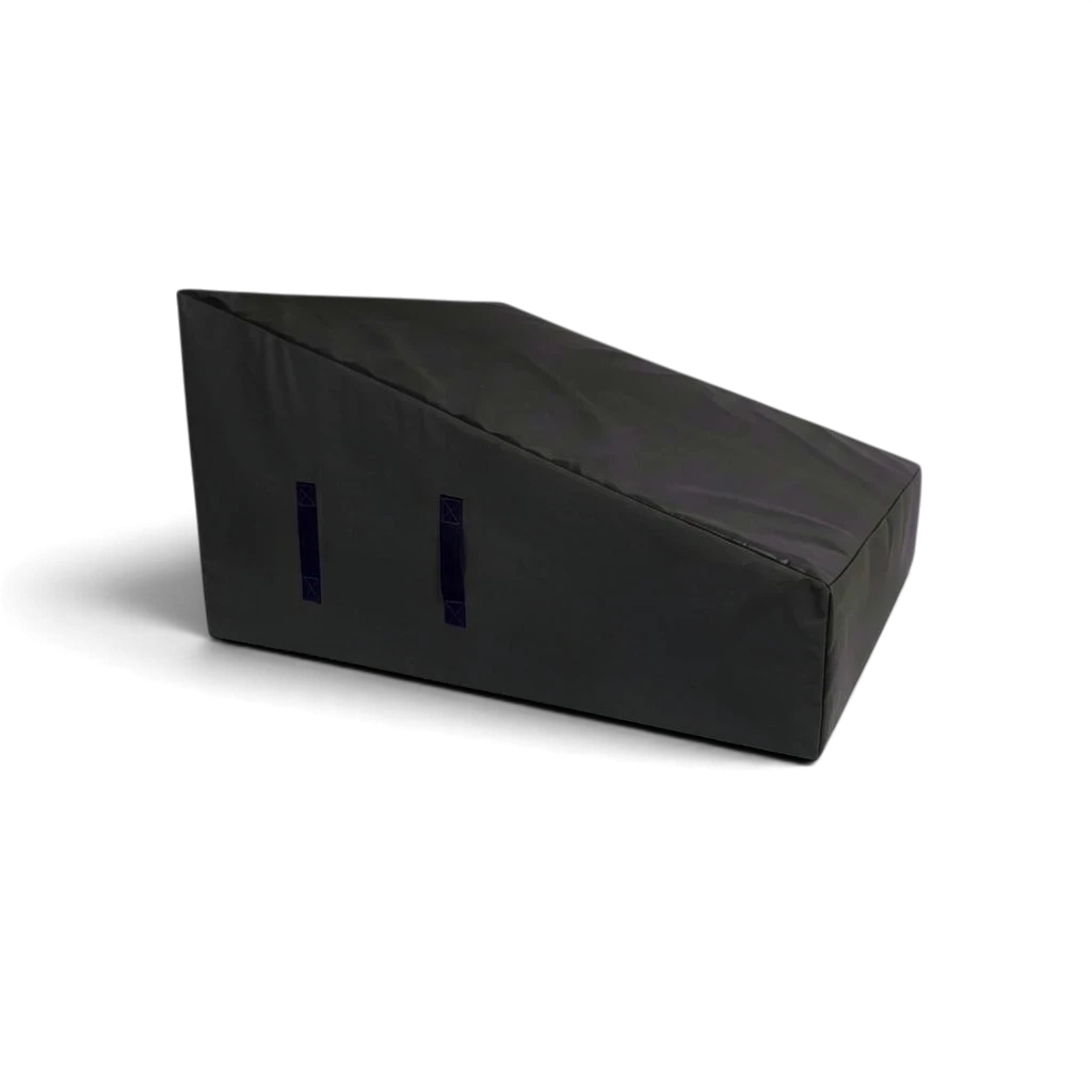 UK Gym Pits wide black foam wedge block for parkour and freestyle gymnastics training with side carry handles.