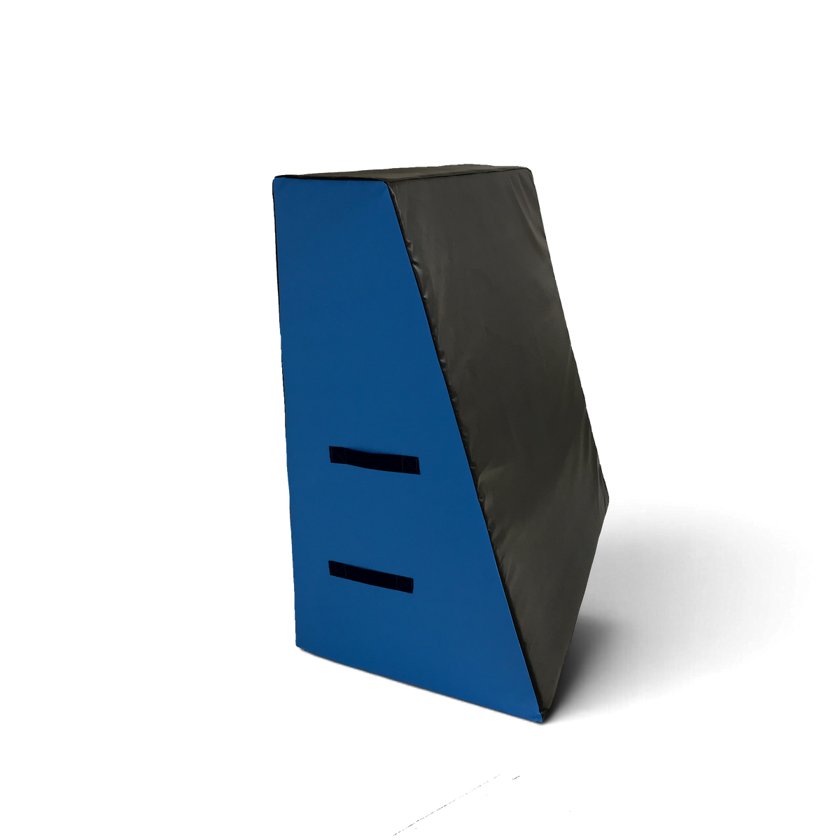UK Gym Pits wide parkour wedge block in black and blue with carry handles for freestyle gymnastics training