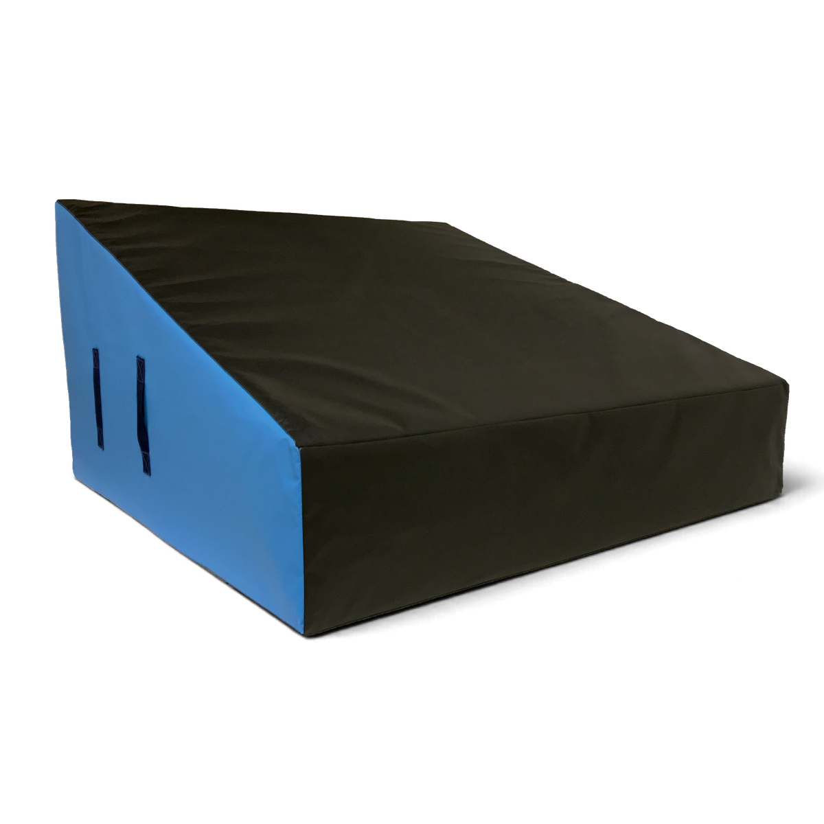 UK Gym Pits wide parkour wedge block in black and blue, made from firm foam with a durable PVC cover and carry handles.