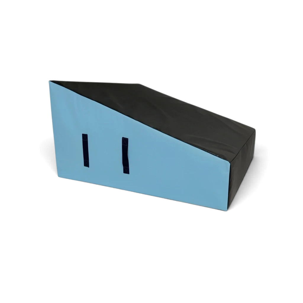UK Gym Pits wide parkour wedge block in black and light blue with carry handles for freestyle gymnastics training