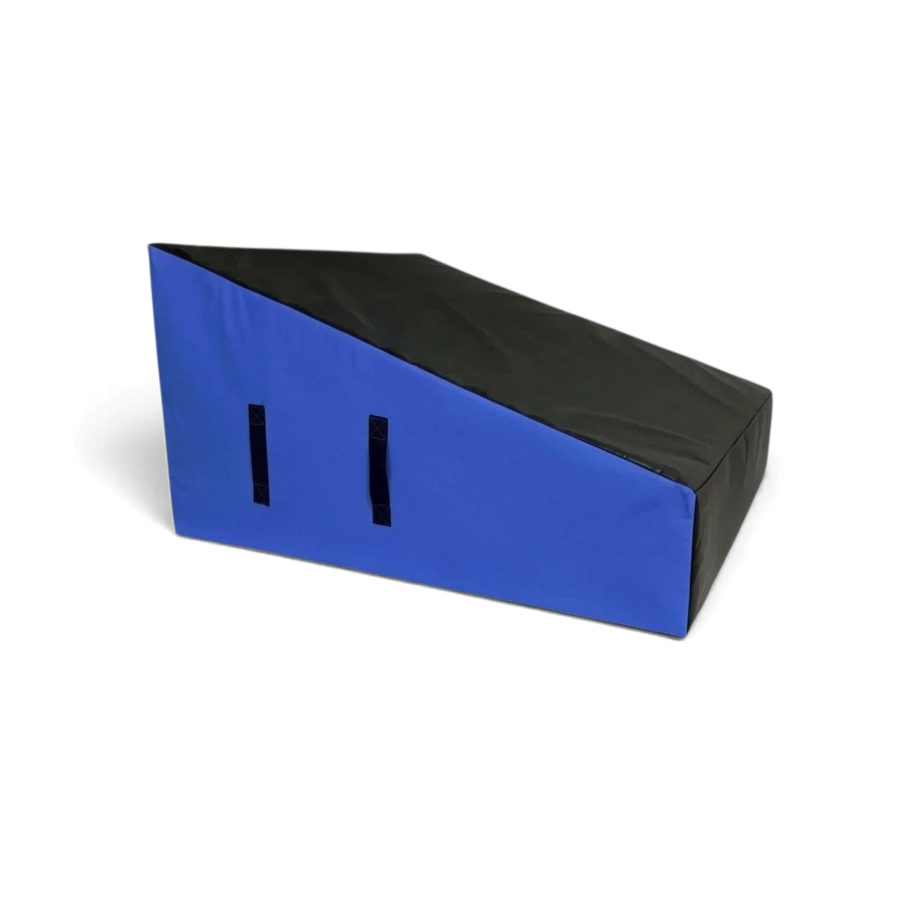 UK Gym Pits wide parkour wedge block in black and blue with carry handles, made from firm foam and durable PVC.