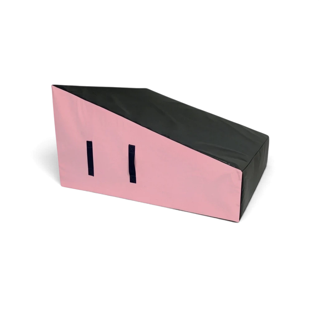 UK Gym Pits wide parkour wedge block in black and pink with carry handles for freestyle gymnastics training