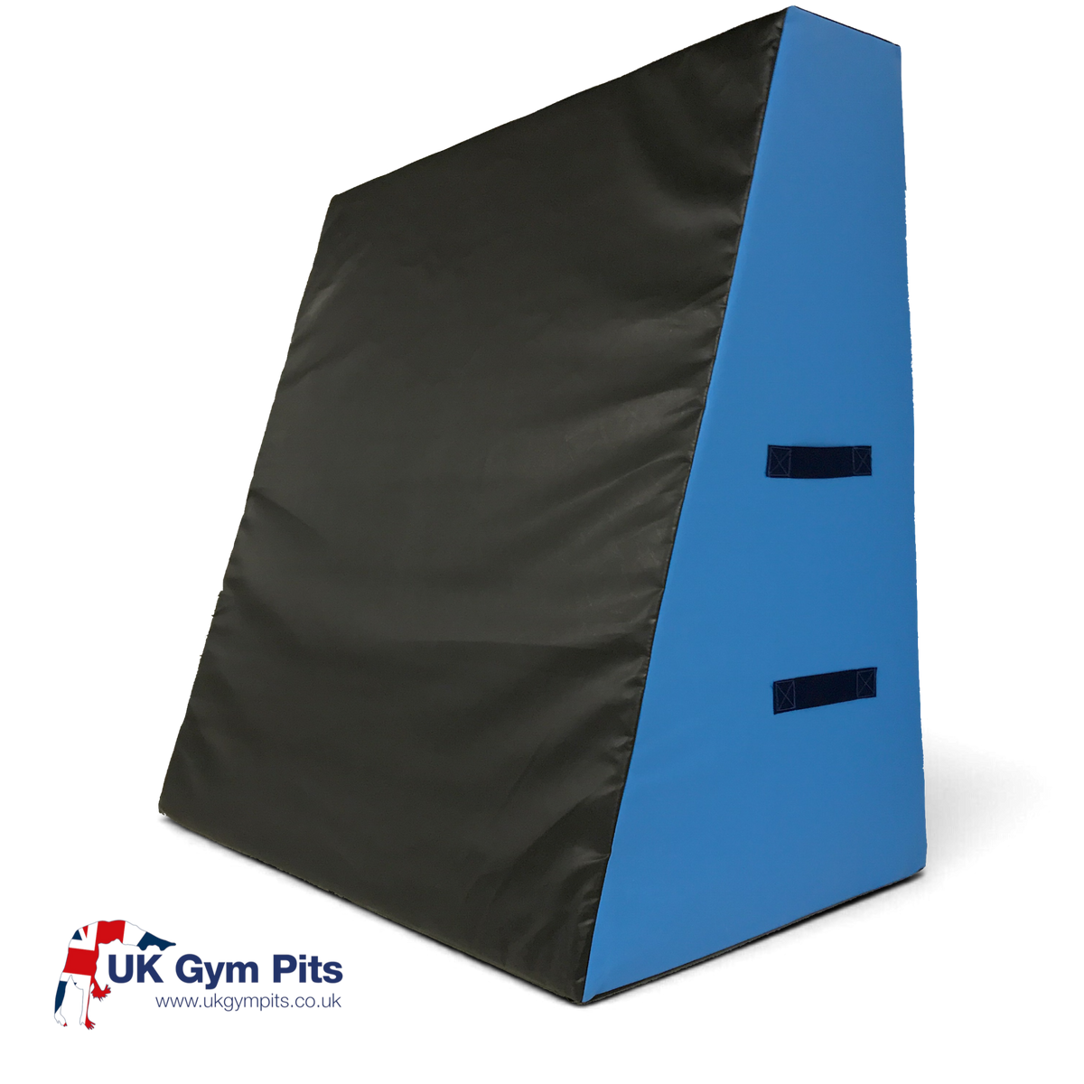UK Gym Pits wide parkour wedge block in black and blue flame-retardant PVC with carry handles for gym training.