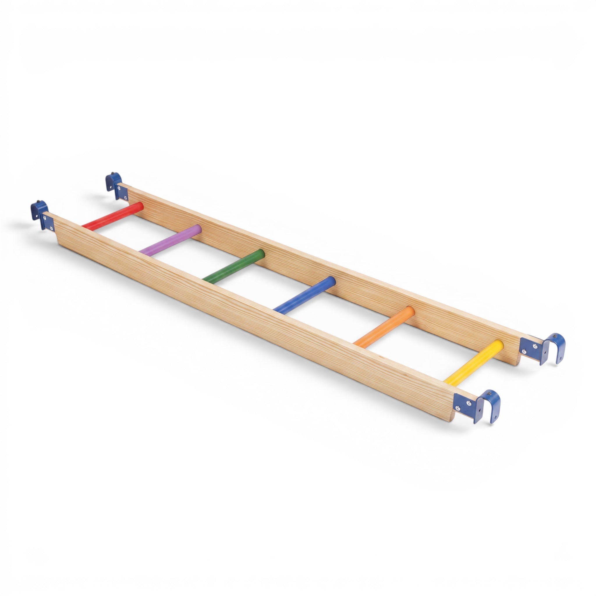 UK Gym Pits wooden activity ladder for children with multicoloured metal rungs and secure end clamps