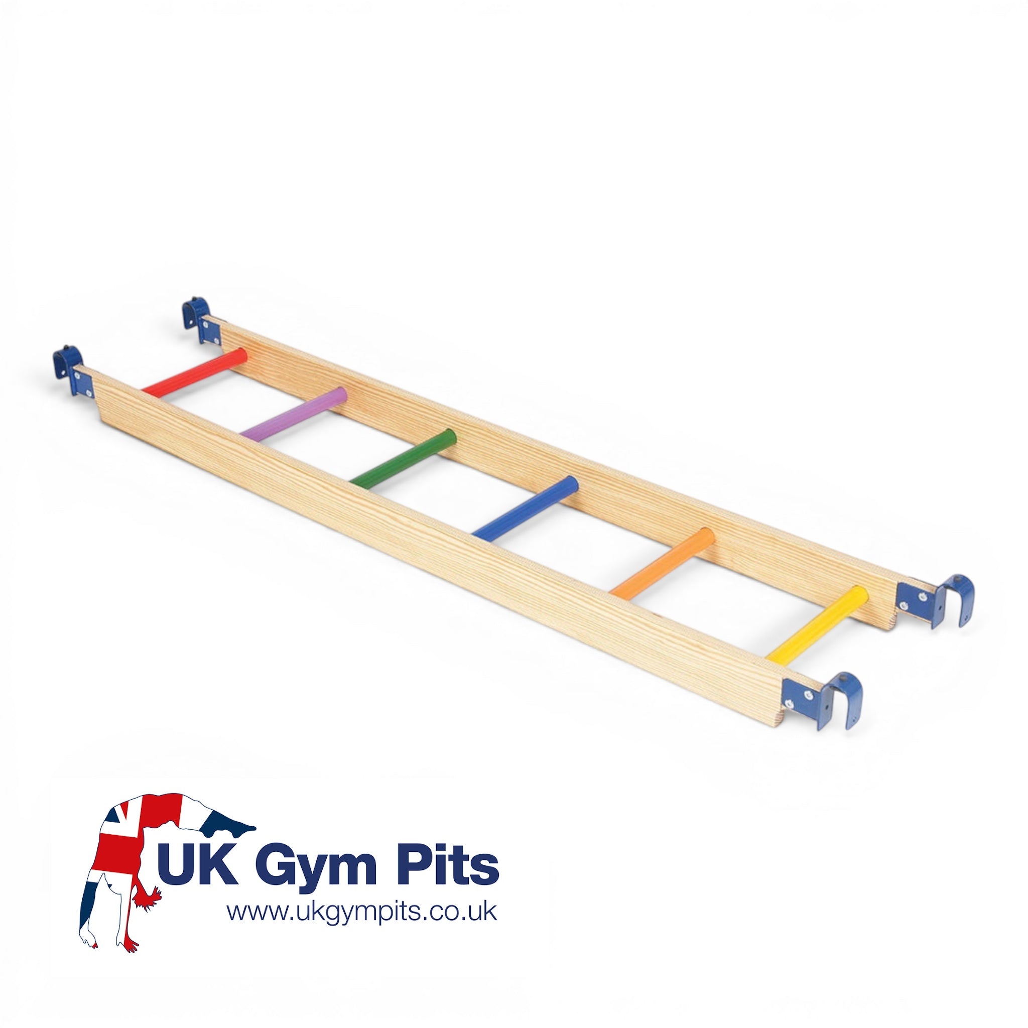 UK Gym Pits wooden activity ladder for children featuring natural timber rails and multicoloured powder coated metal rungs