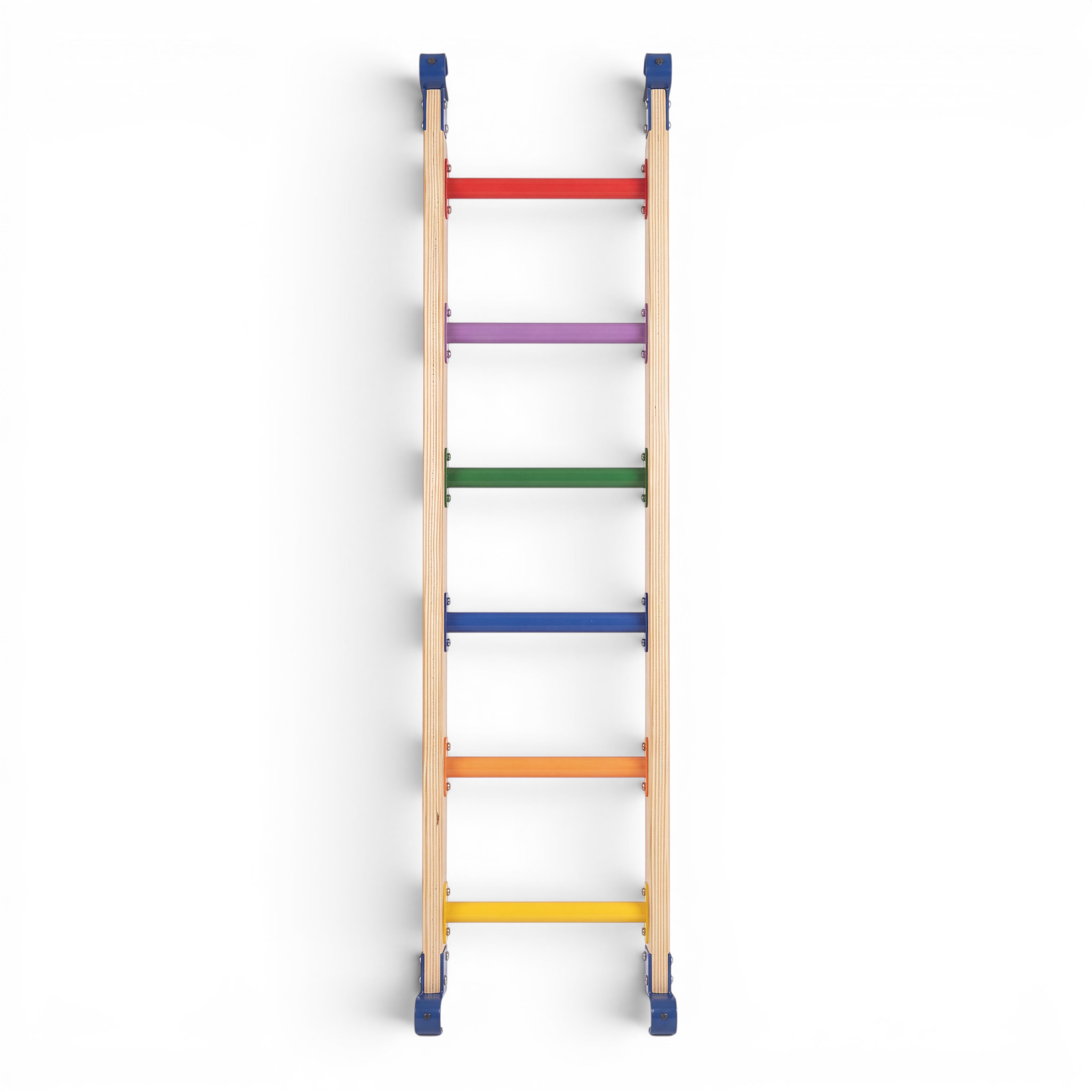 UK Gym Pits wooden children's activity ladder with multicoloured metal rungs and blue end clamps on white background