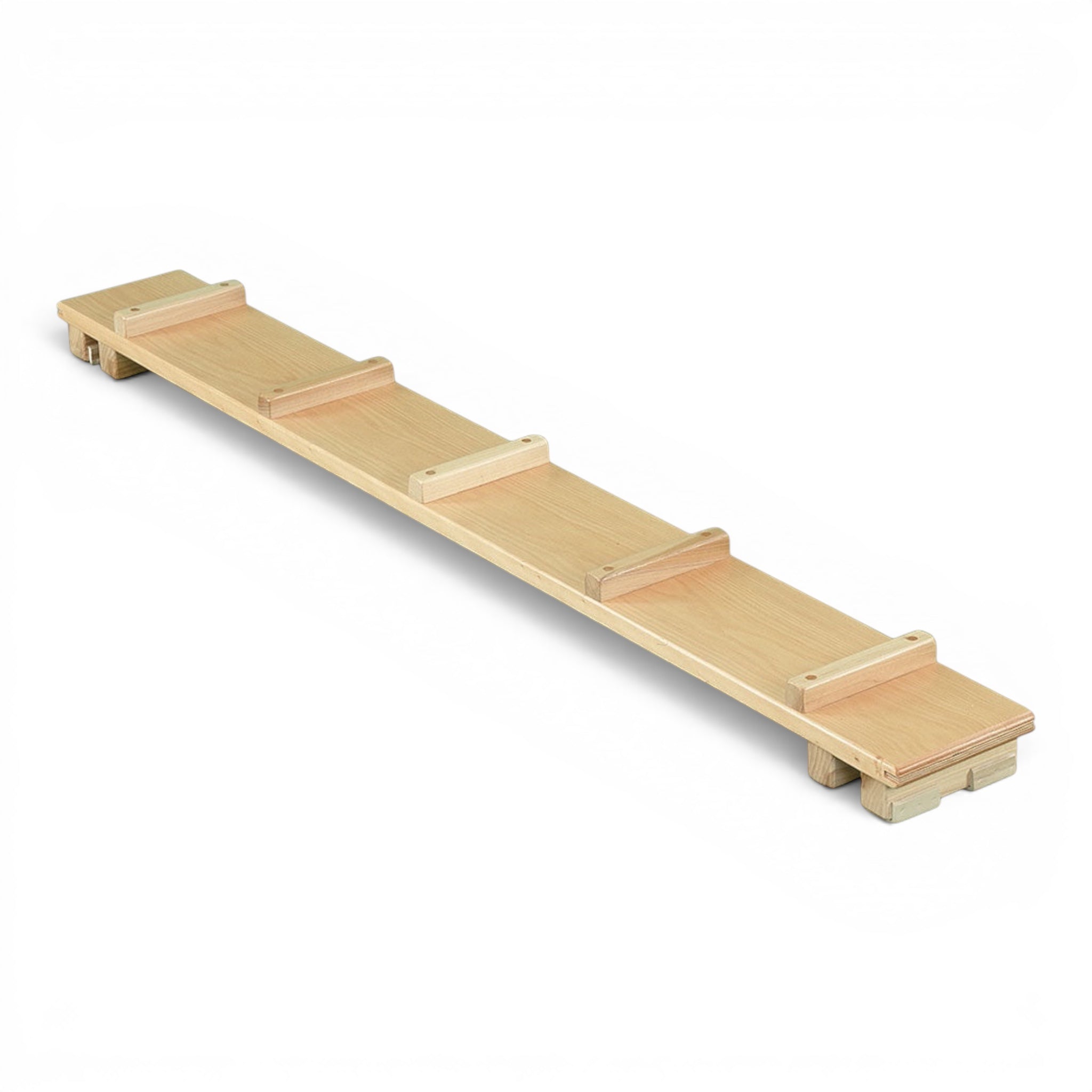 UK Gym Pits wooden agility plank for Key Stage 2 gymnastics with blocks at both ends on a white background