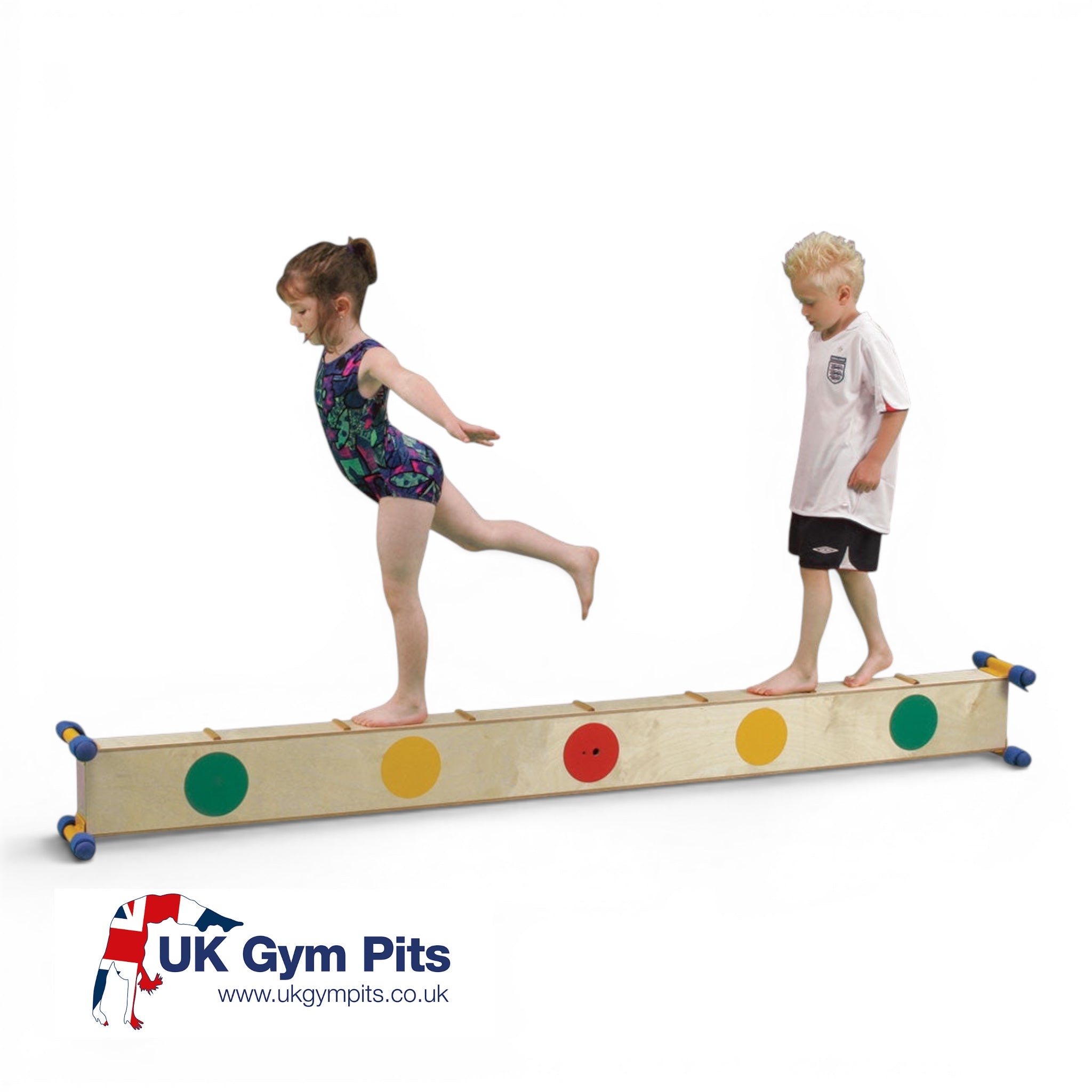 UK Gym Pits Gym Time Beam with colourful circles on a natural timber surface for children's balance training