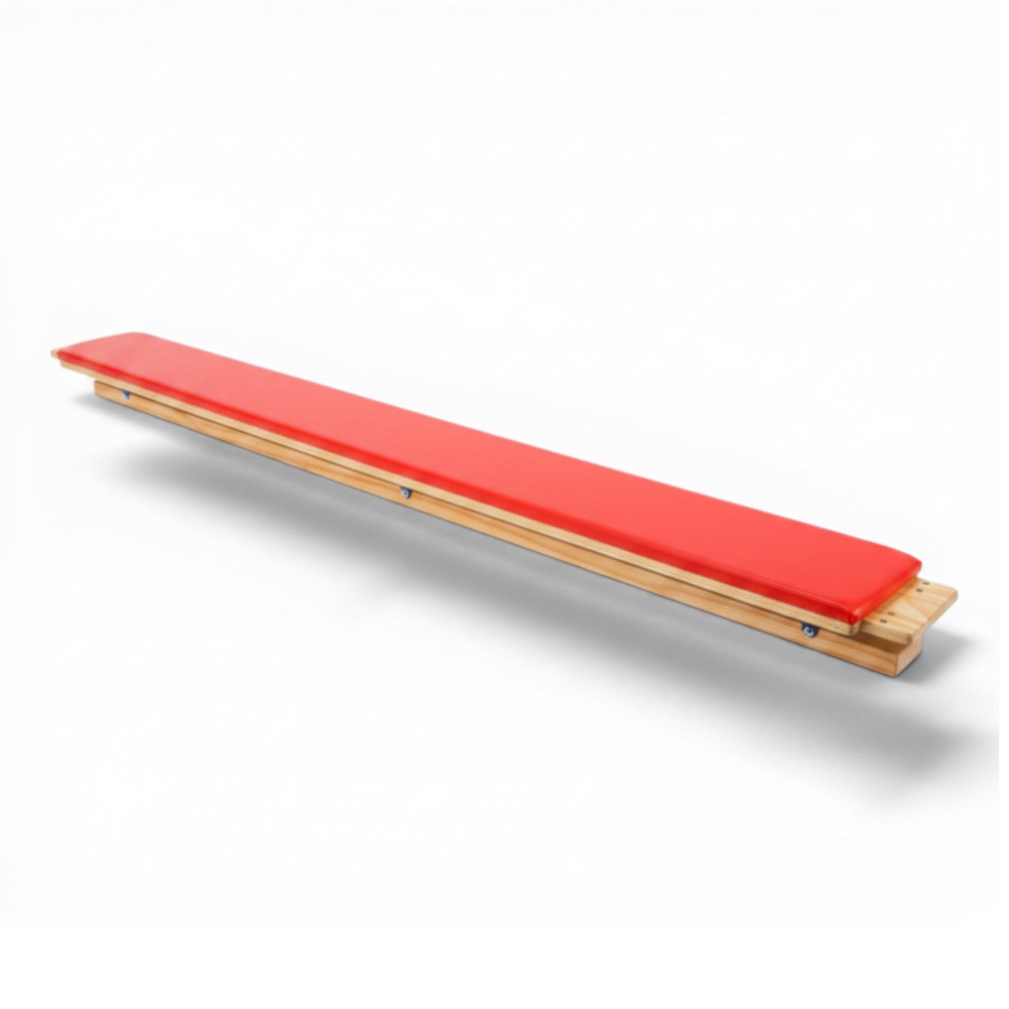 UK Gym Pits wooden balance bench with a removable red padded top for gymnastics training