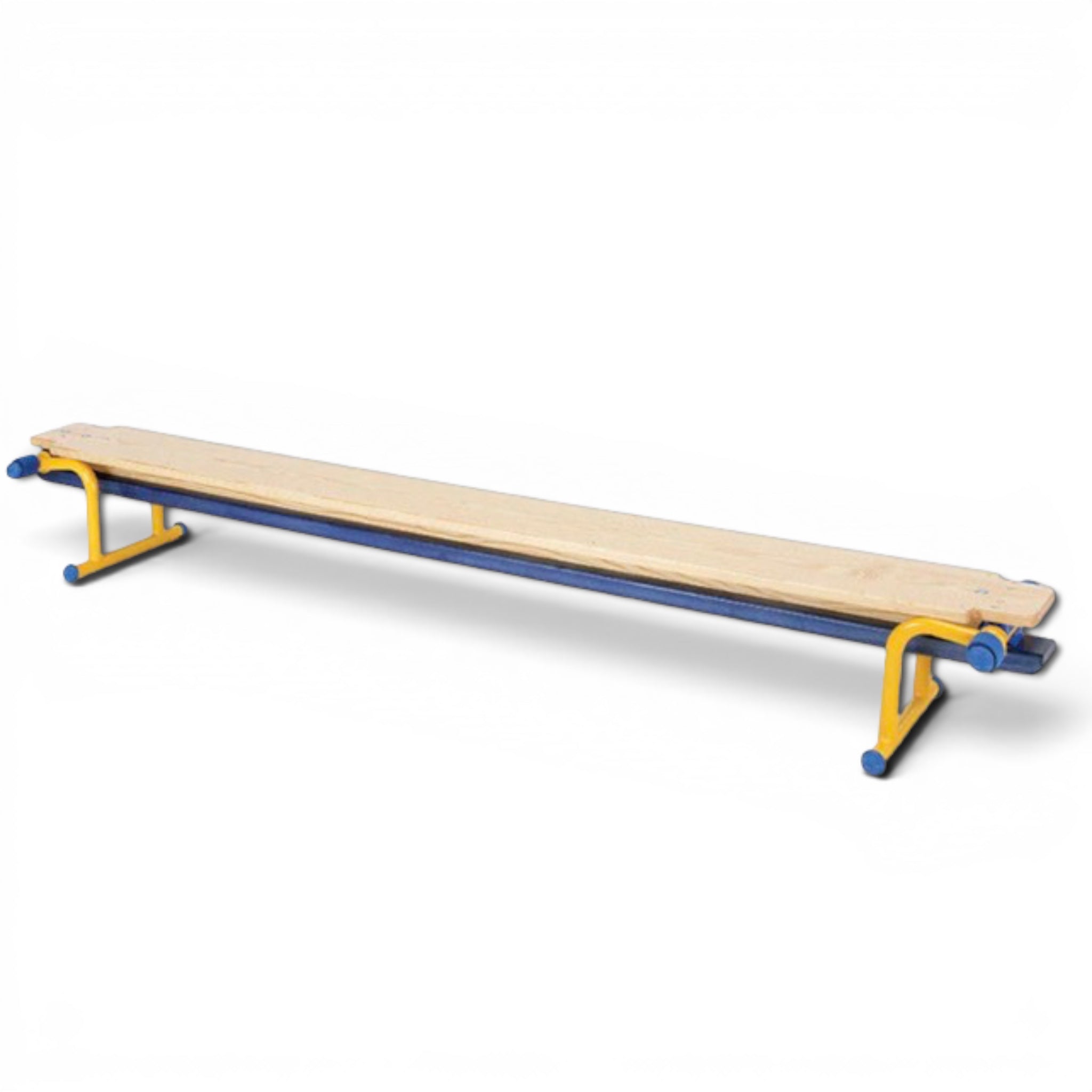 UK Gym Pits wooden balance bench with yellow metal legs and blue accents for gymnastics training