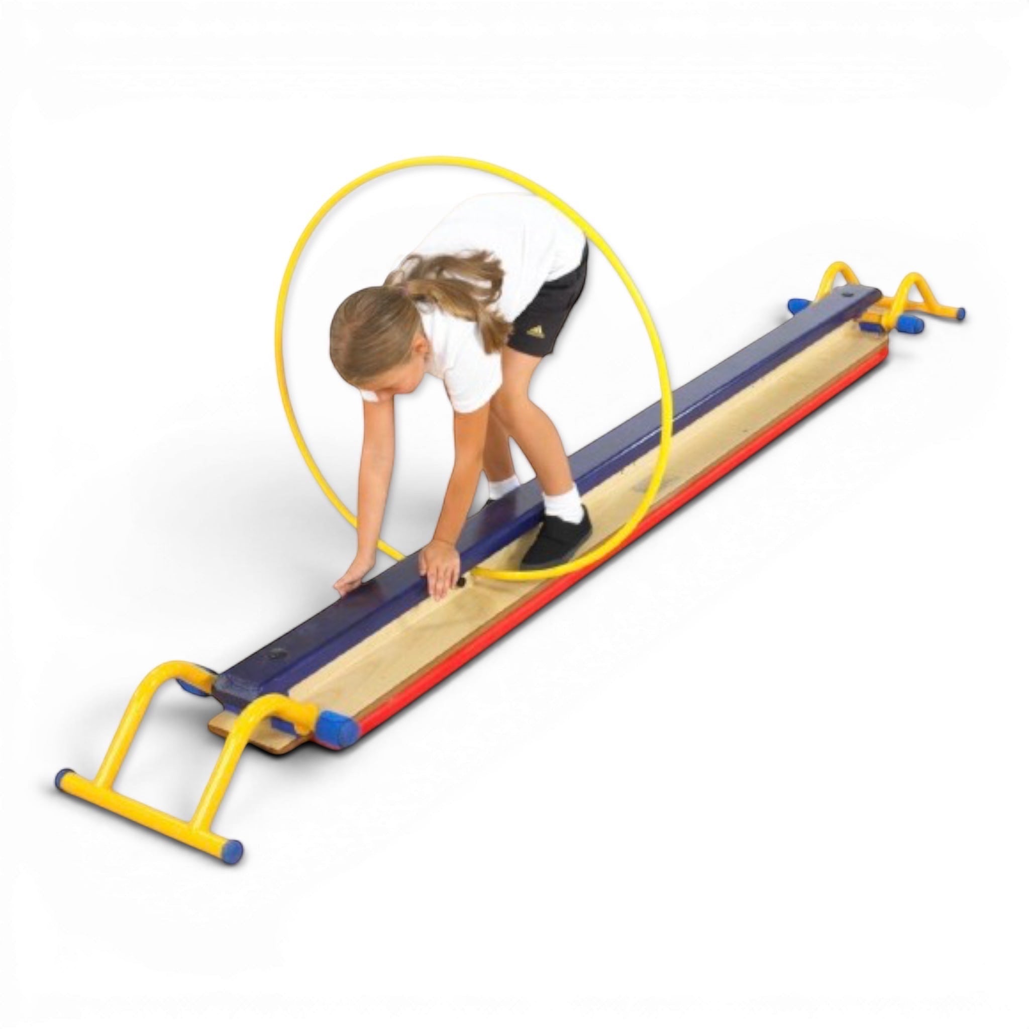 A child crawling through a yellow hoop on a UK Gym Pits wooden balance bench with blue and red accents.