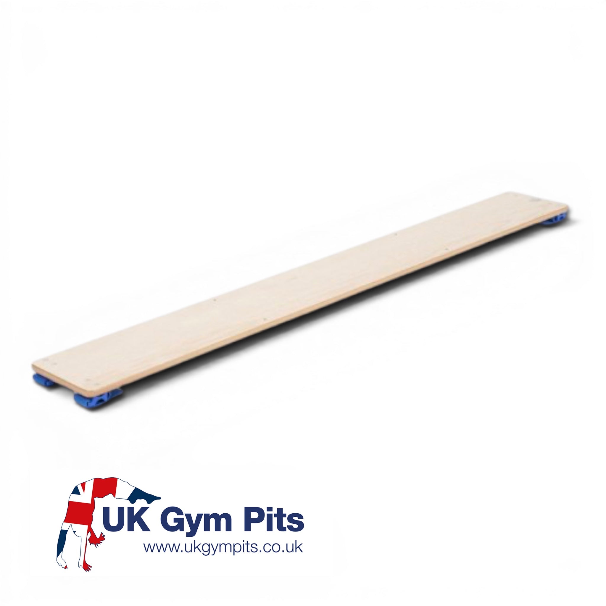 UK Gym Pits wooden balance slide plank with blue hook and loop fixing system for gymnastics equipment