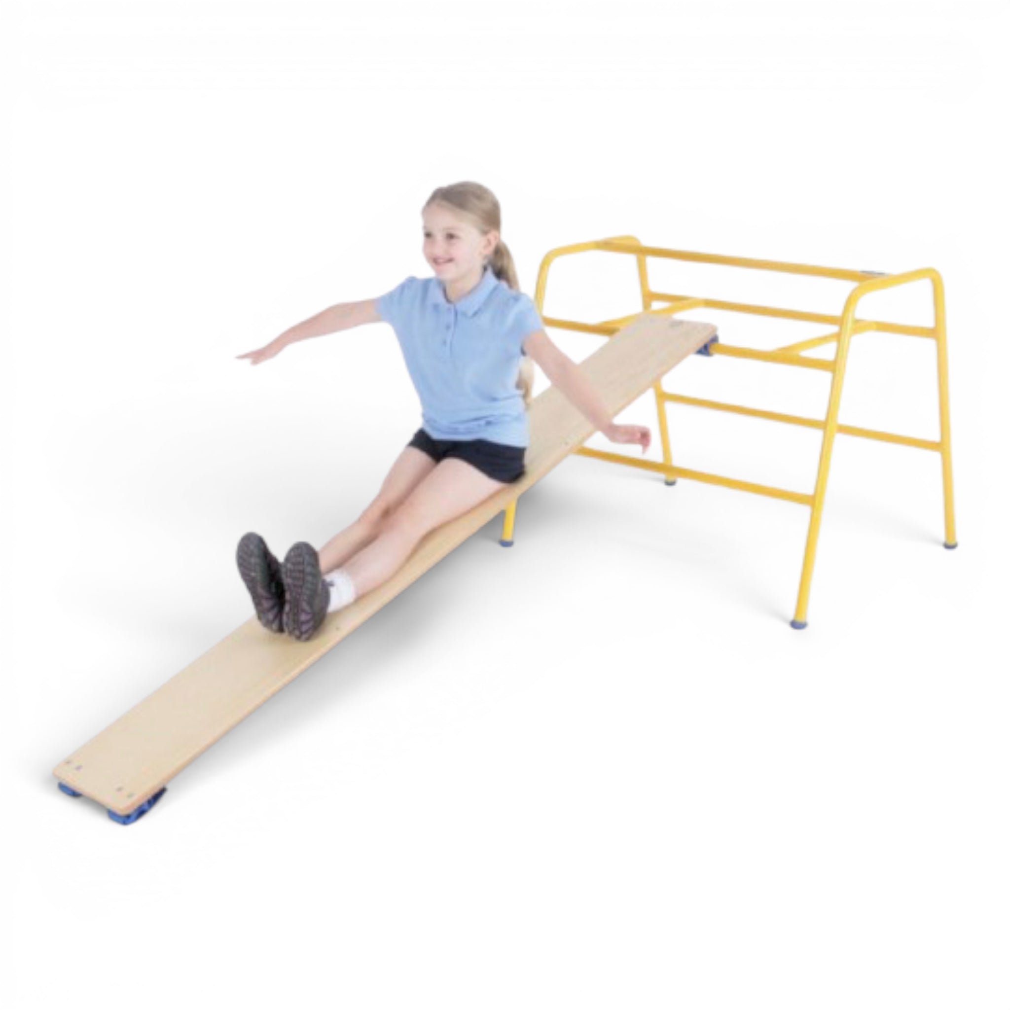 UK Gym Pits wooden balance slide plank attached to a yellow trestle.