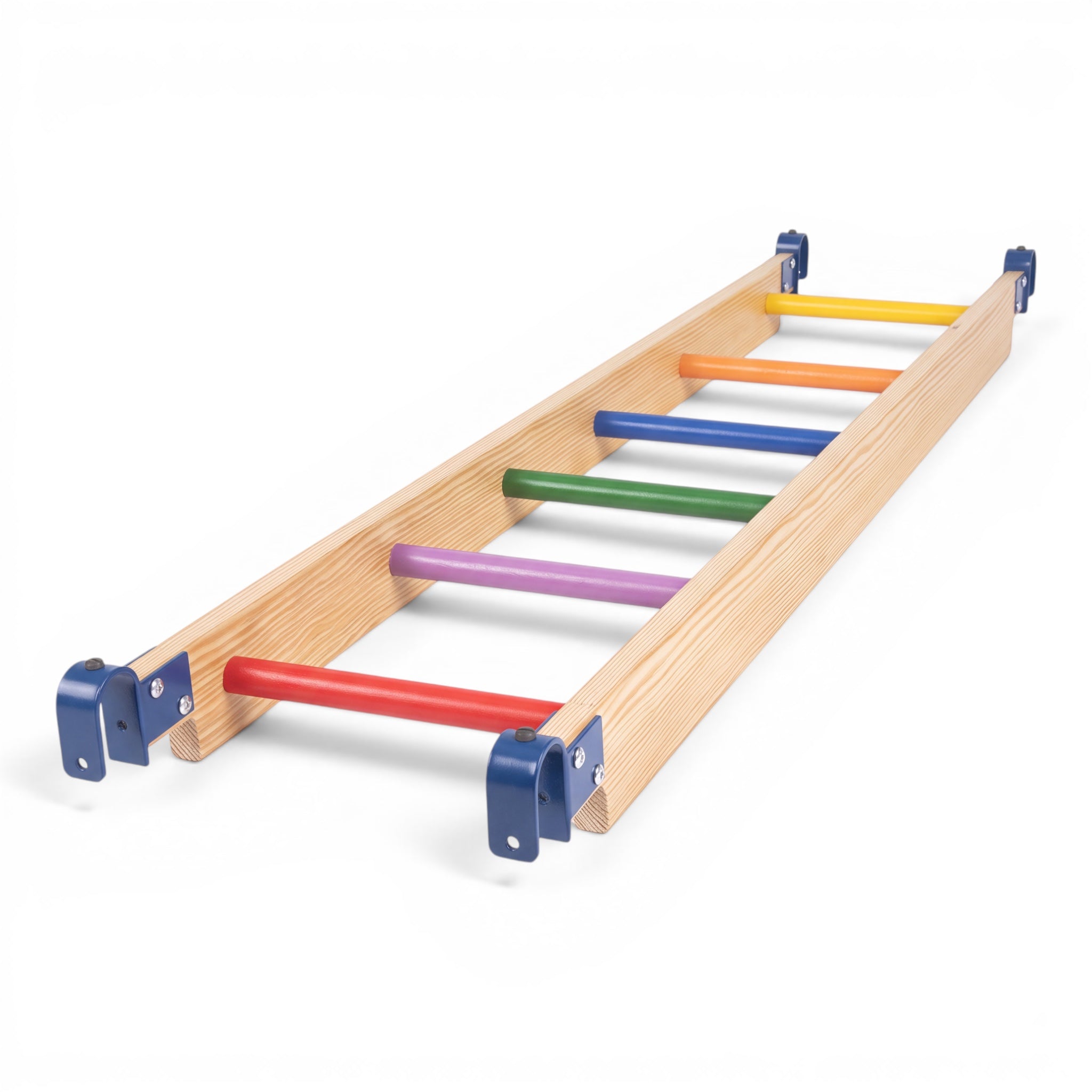 UK Gym Pits wooden children's activity ladder with multicoloured metal rungs and blue powder-coated end clamps.