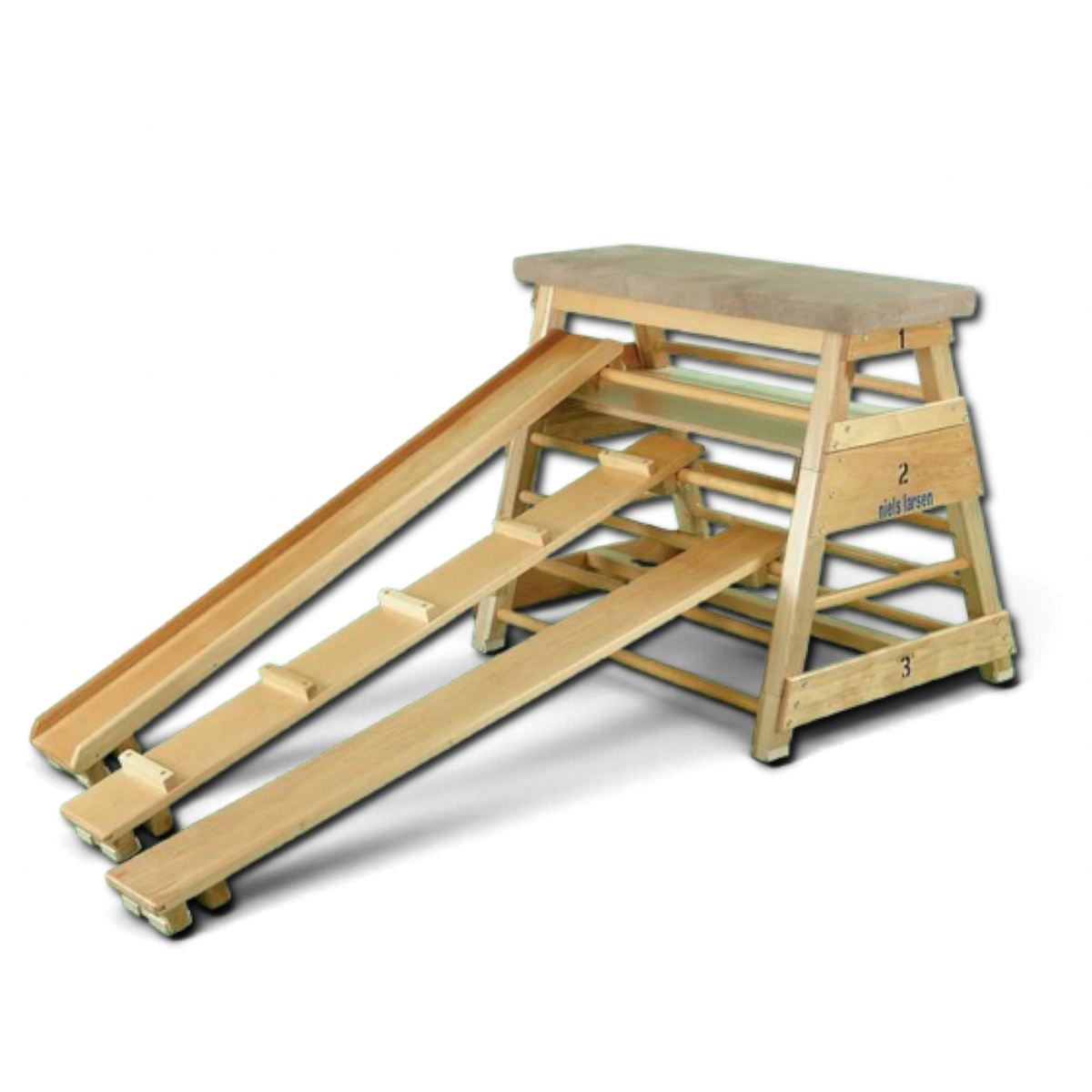 UK Gym Pits wooden gymnastics bar box with three sections and attached wooden ramps for training and exercise