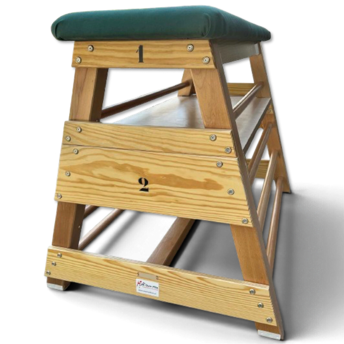 UK Gym Pits two-section wooden gymnastics bar box with a green padded top and integrated side rungs.