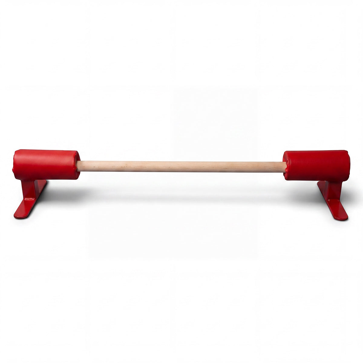 UK Gym Pits wooden floor training bar with red vinyl foam pads and Velcro feet for gymnastics handstand practice