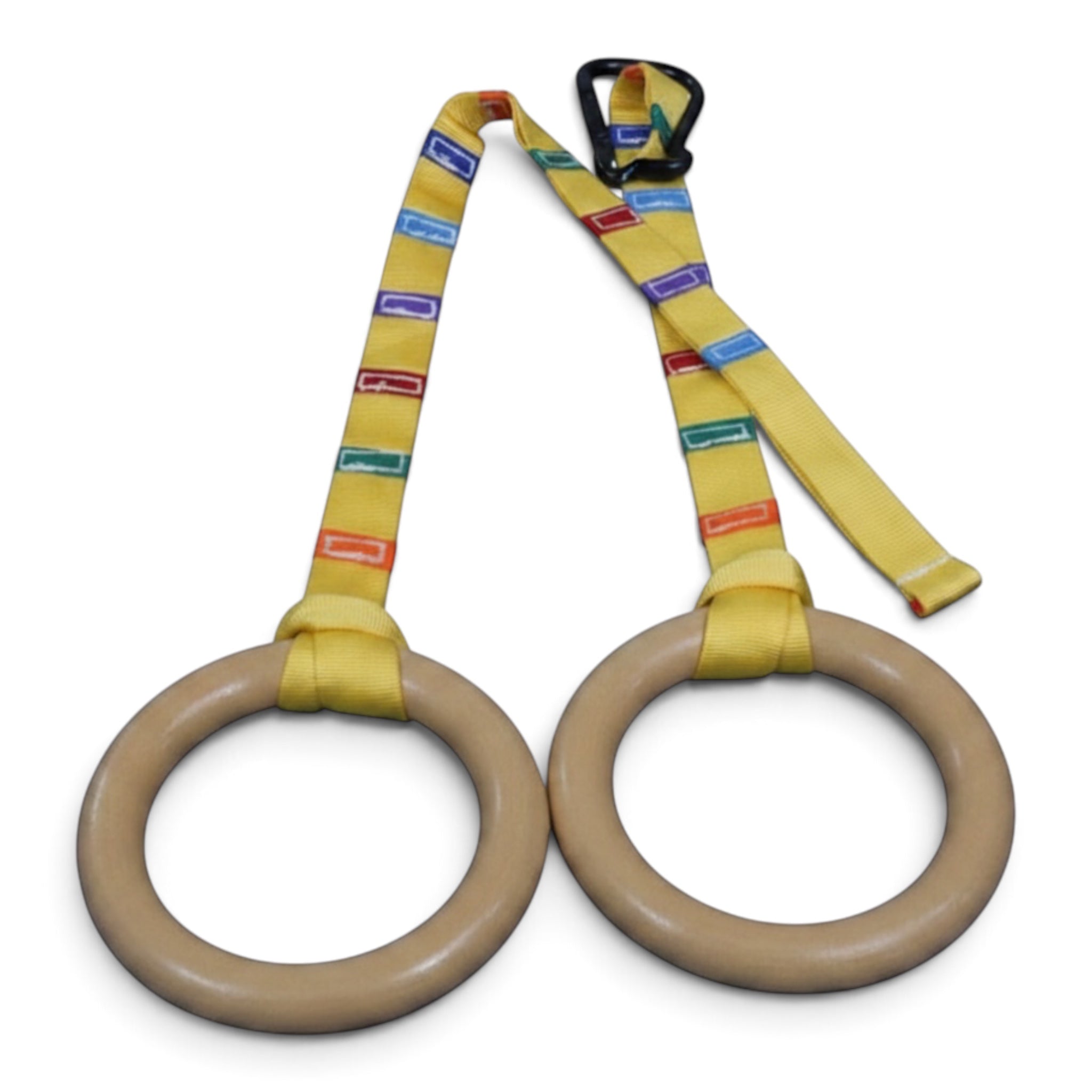 UK Gym Pits wooden gymnastics rings with yellow colour-coded adjustment straps for strength training