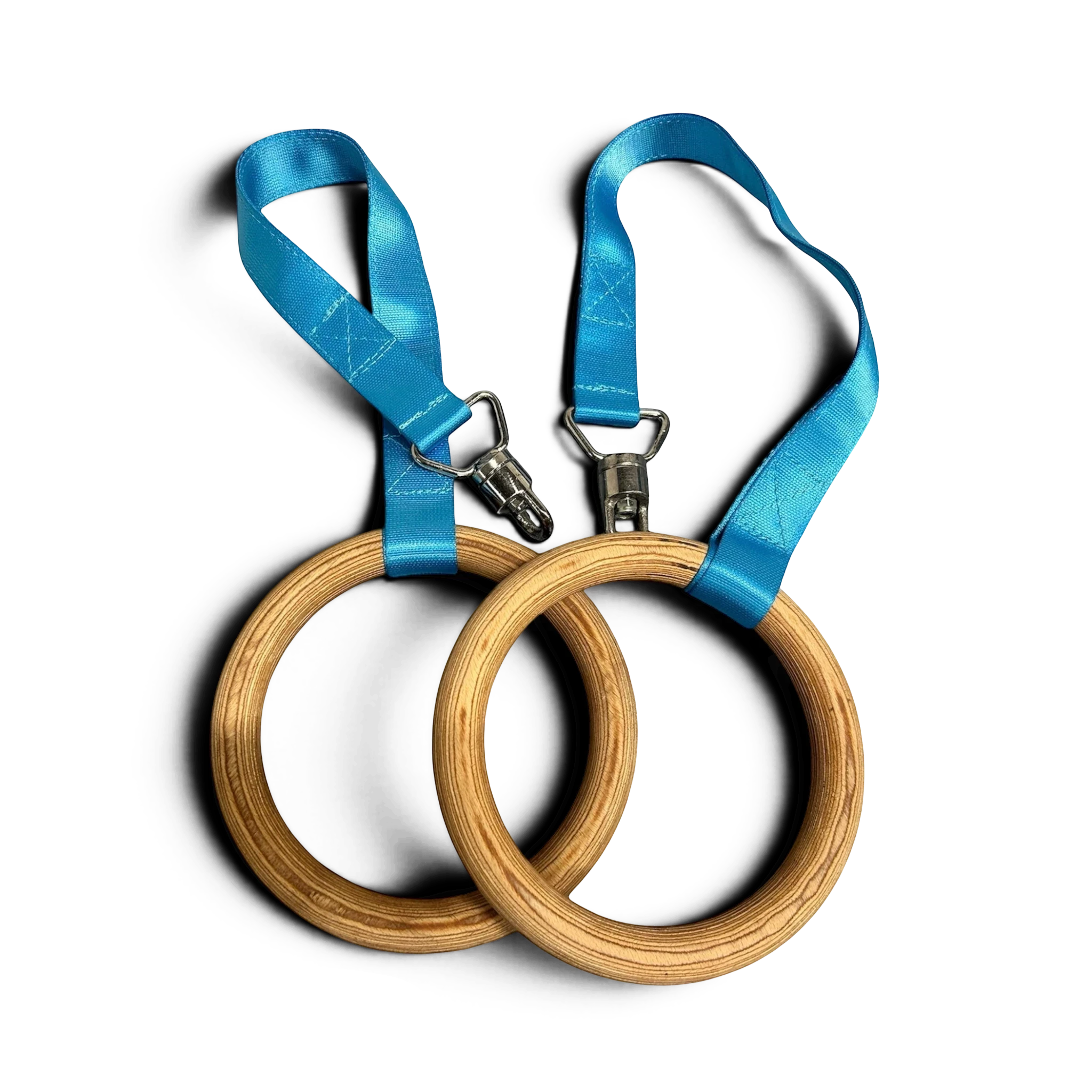 UK Gym Pits Gaofei wooden gymnastics training rings with bright blue nylon straps and metal carabiner clips