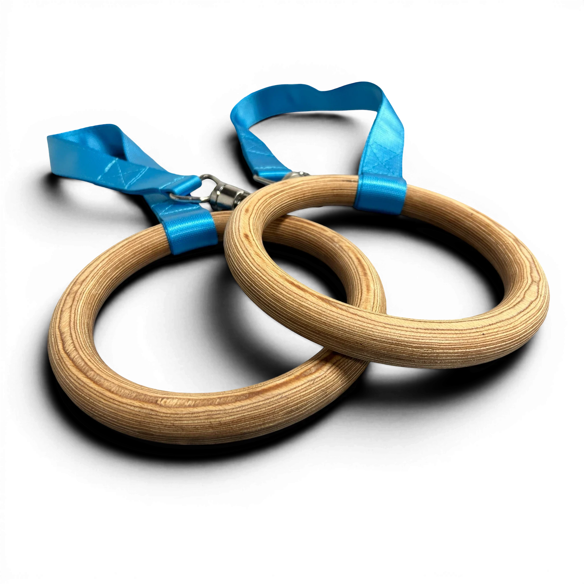 UK Gym Pits Gaofei wooden gymnastics training rings with bright blue nylon straps against a black background.