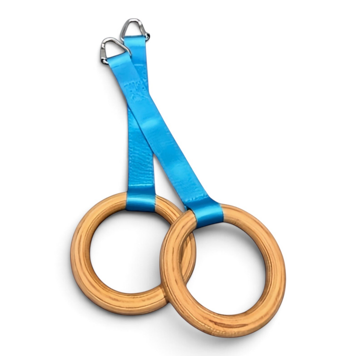 UK Gym Pits wooden gymnastics rings with bright blue straps for children's training and skill development