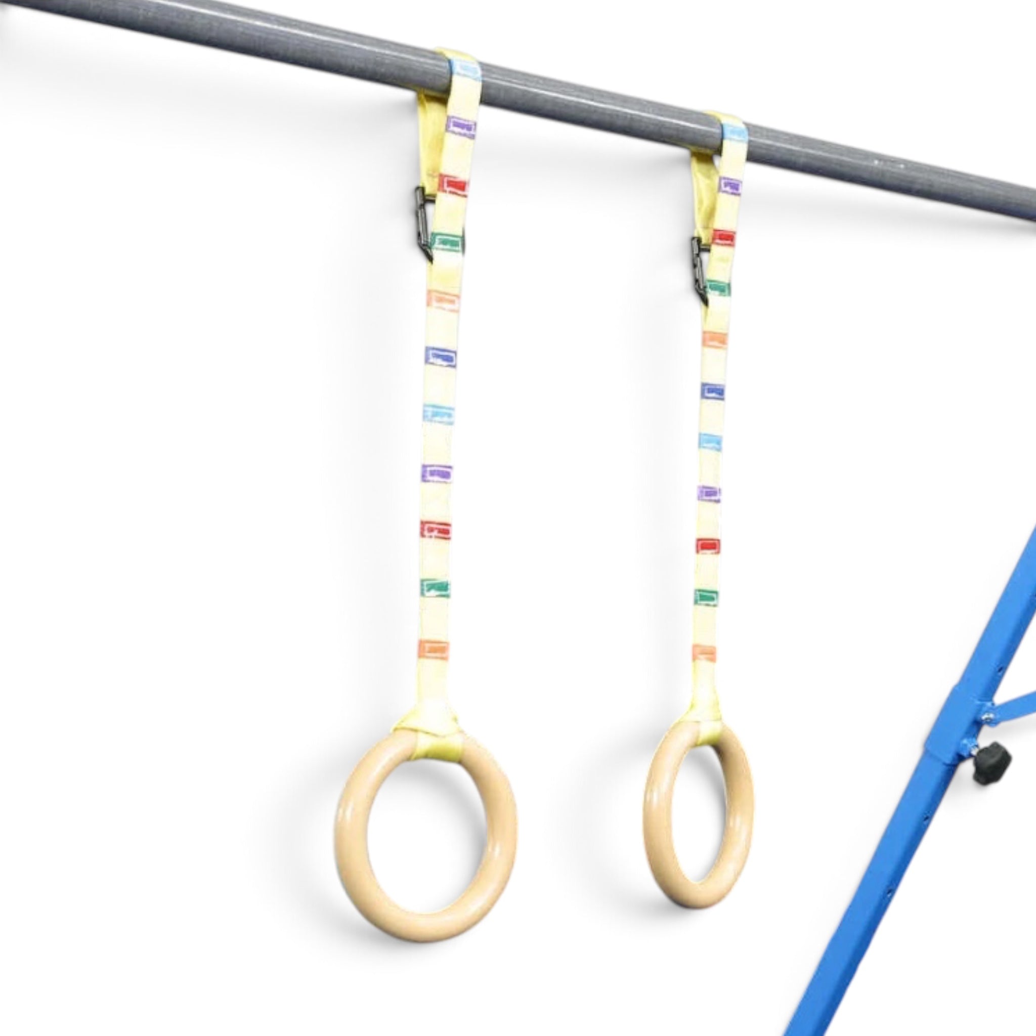 UK Gym Pits wooden gymnastics rings hanging from a bar with colour-coded adjustable straps for strength training