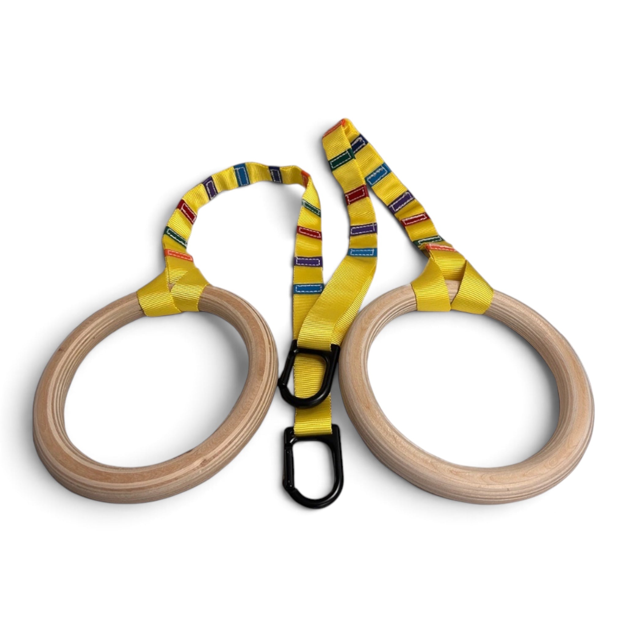 UK Gym Pits wooden gymnastics rings with yellow colour-coded adjustable straps and black carabiner clips
