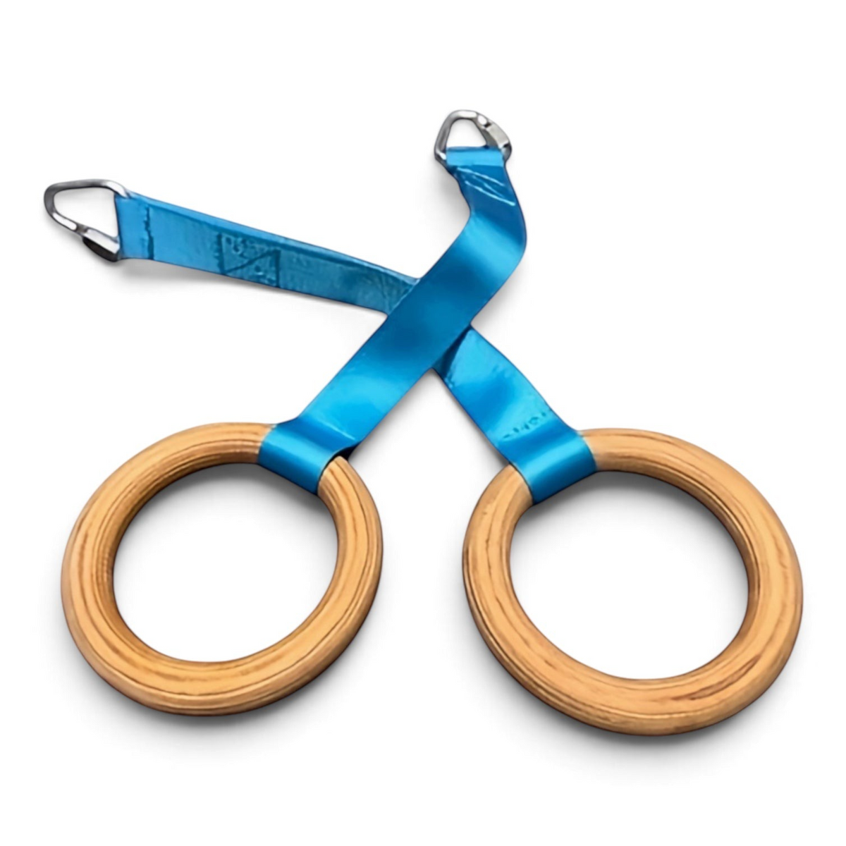UK Gym Pits wooden gymnastics rings with blue nylon straps for children's training and skill development