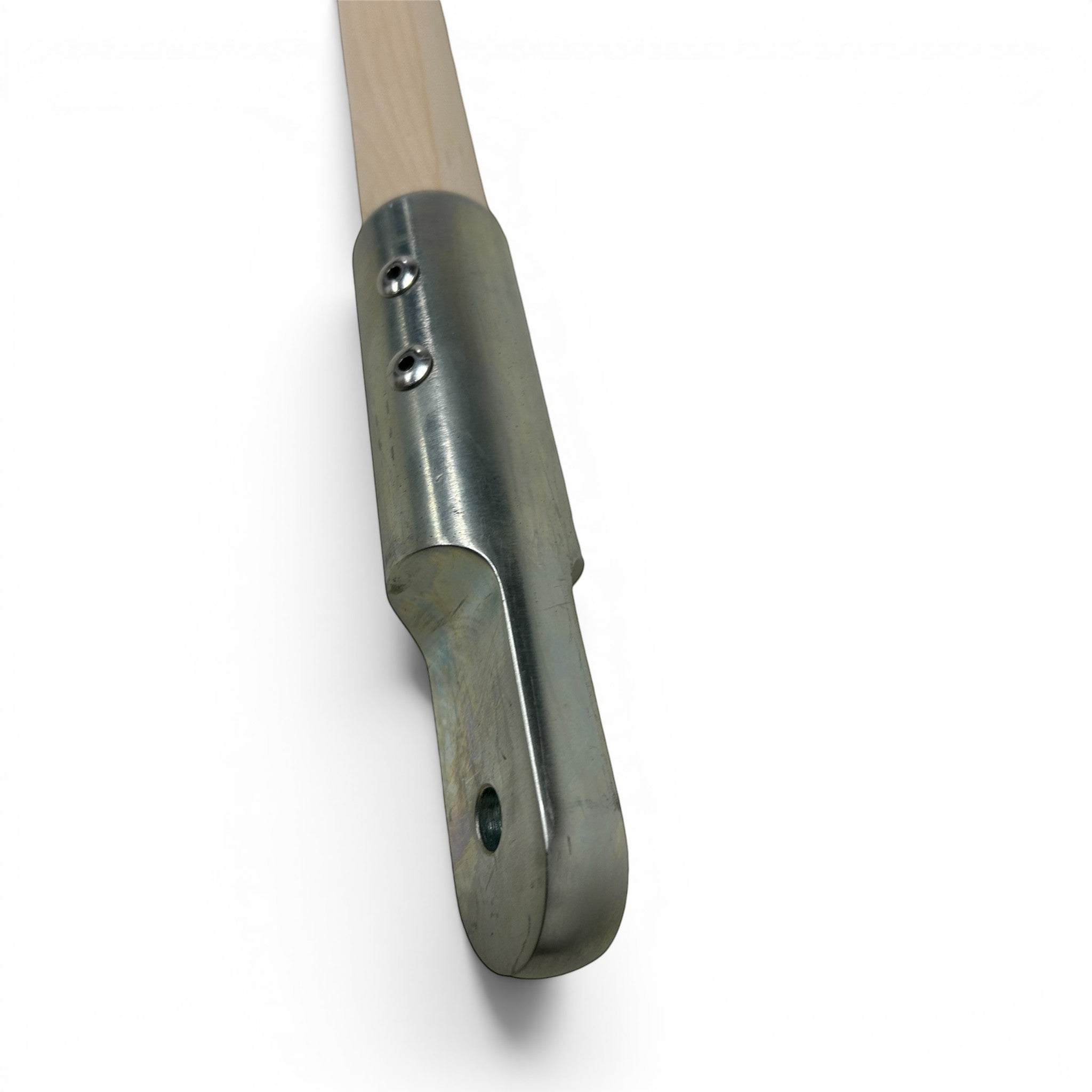 UK Gym Pits wooden gymnastics high bar end detail with metal mounting bracket and bolt holes