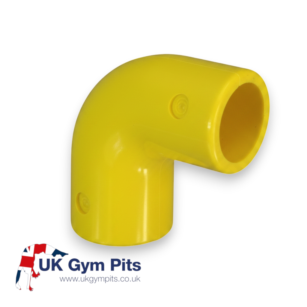 UK Gym Pits yellow 90 degree GRP elbow bend connector for handrail systems