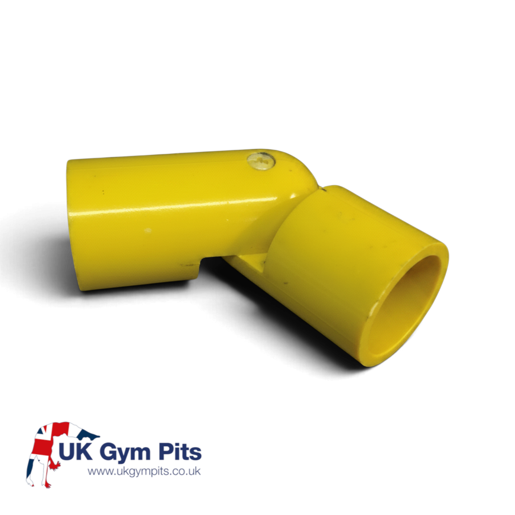 UK Gym Pits yellow GRP adjustable swivel bend for external handrail systems, made of durable glass reinforced plastic.