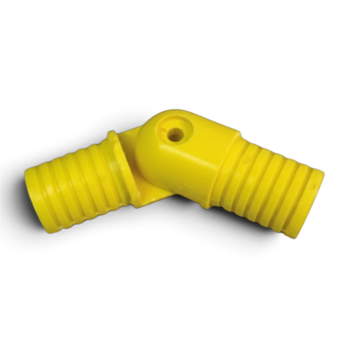 UK Gym Pits yellow GRP adjustable internal swivel bend for handrail systems, designed for off-set rail connections.