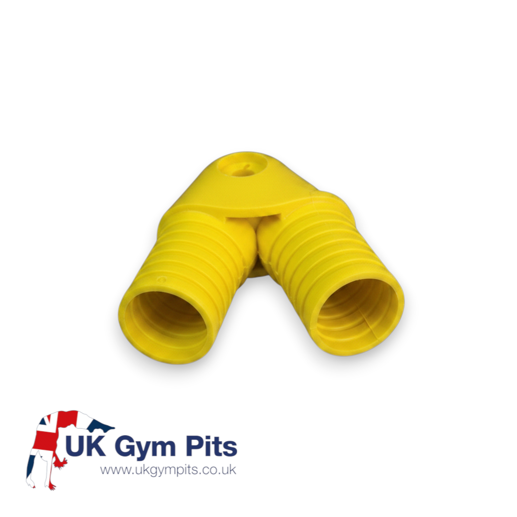 UK Gym Pits yellow adjustable internal swivel bend for GRP handrail systems, made of durable fibre reinforced polymer.