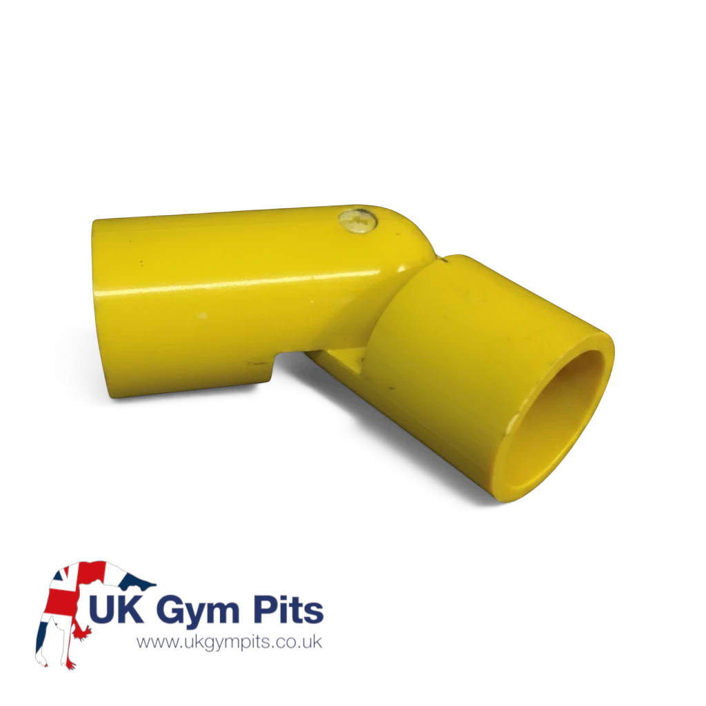 UK Gym Pits yellow GRP adjustable swivel bend for external handrail systems, made of durable fibre reinforced polymer.