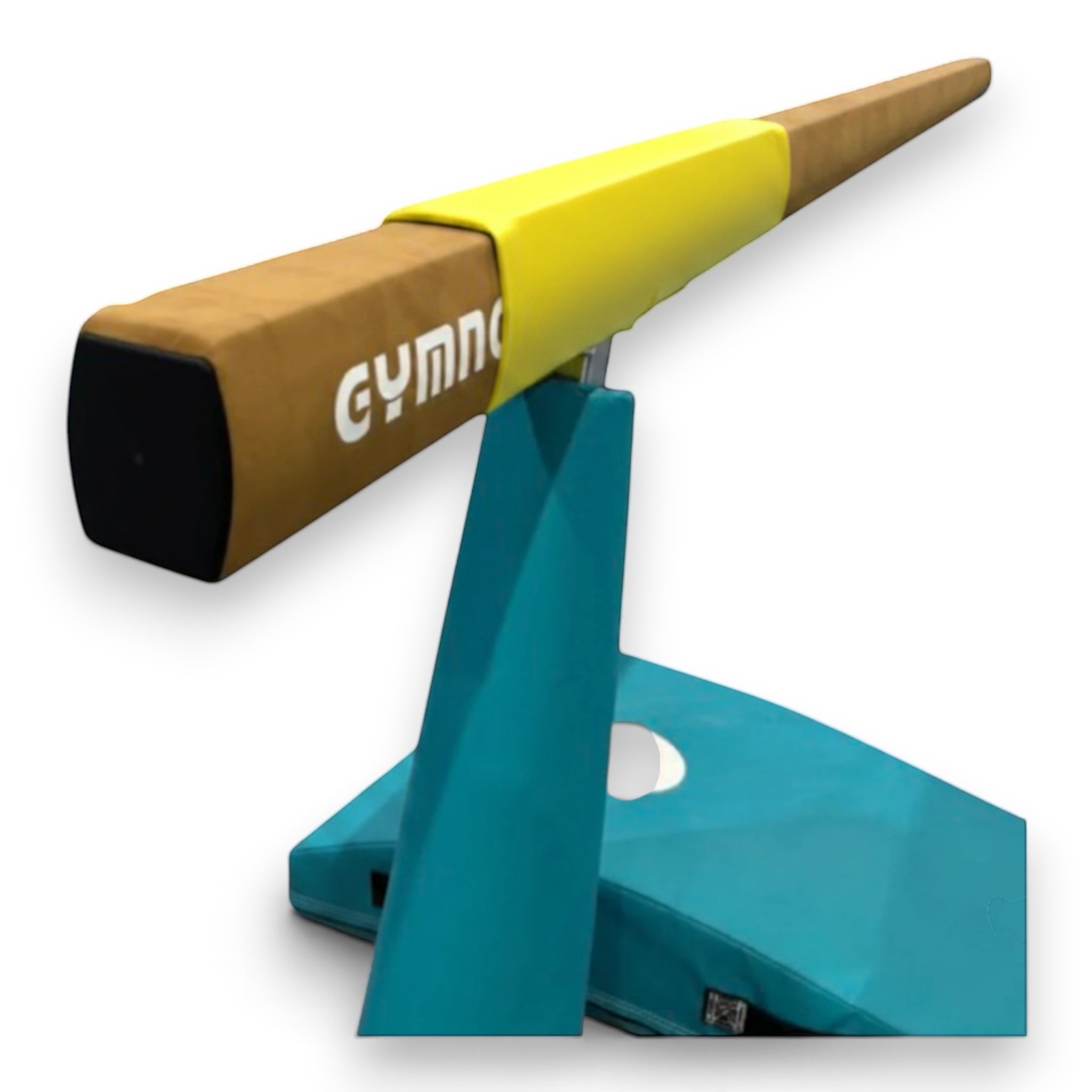 UK Gym Pits yellow cushioned safety mat wrapped around a brown gymnastics beam for shock absorption and grip.